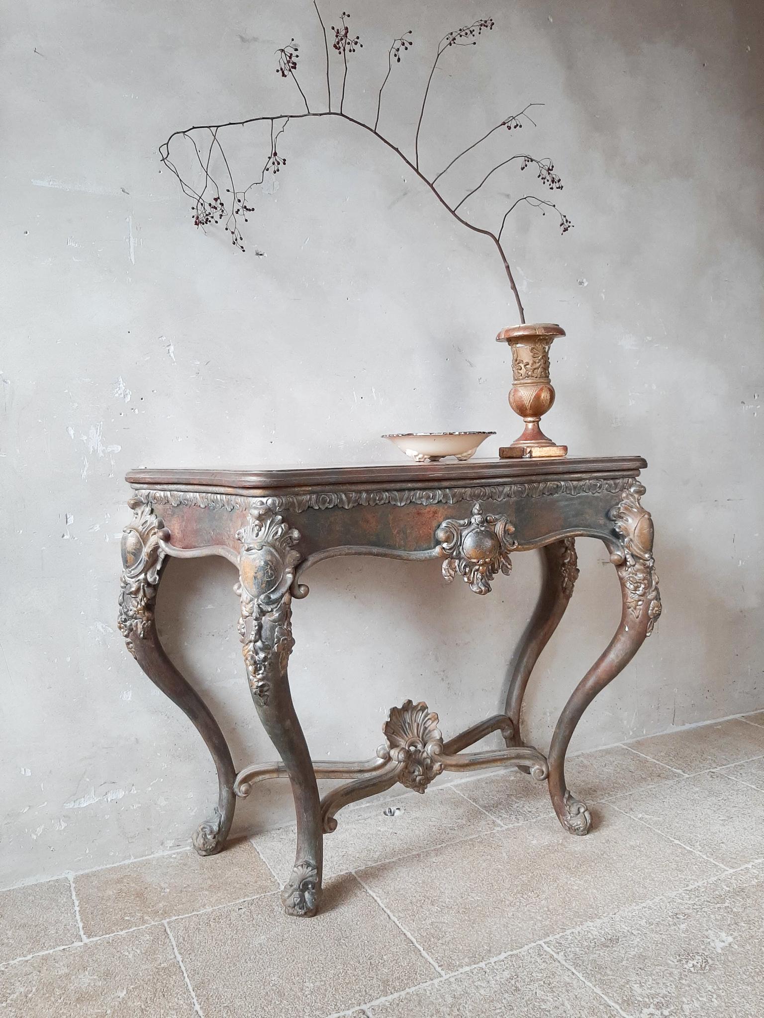 19th Century Console Table with Special Patina in Gold, Cognac and Petrol Tones In Good Condition For Sale In Baambrugge, NL