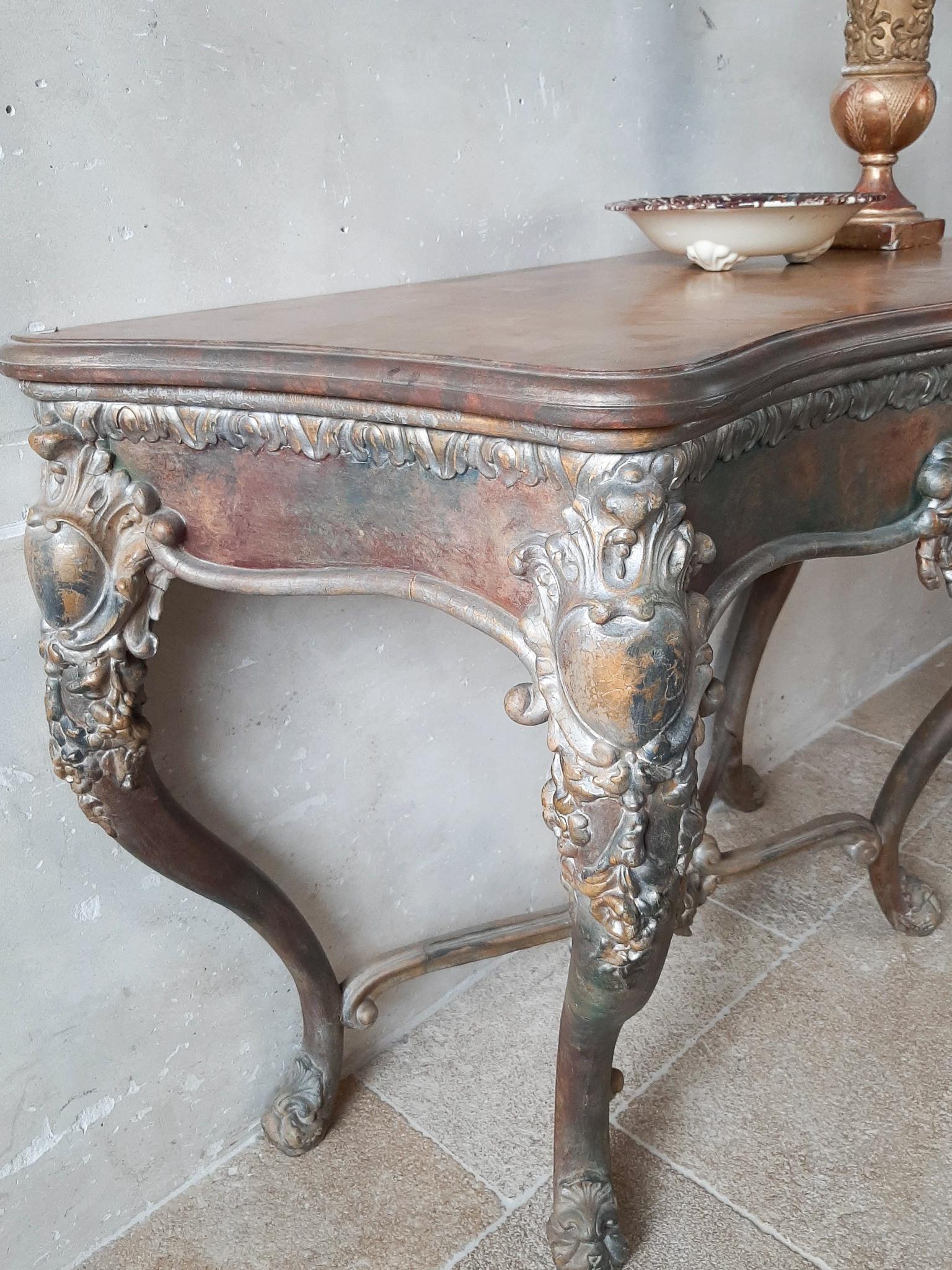 Wood 19th Century Console Table with Special Patina in Gold, Cognac and Petrol Tones For Sale