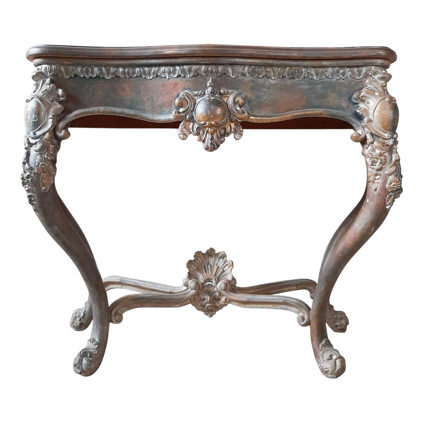 19th Century Console Table with Special Patina in Gold, Cognac and Petrol Tones For Sale