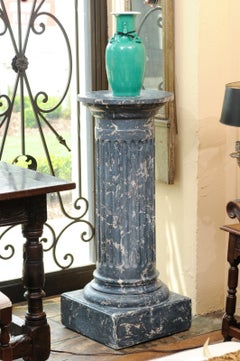 19th Century Continental Blue Marbleized Painted Terracotta Column/Pedestal
