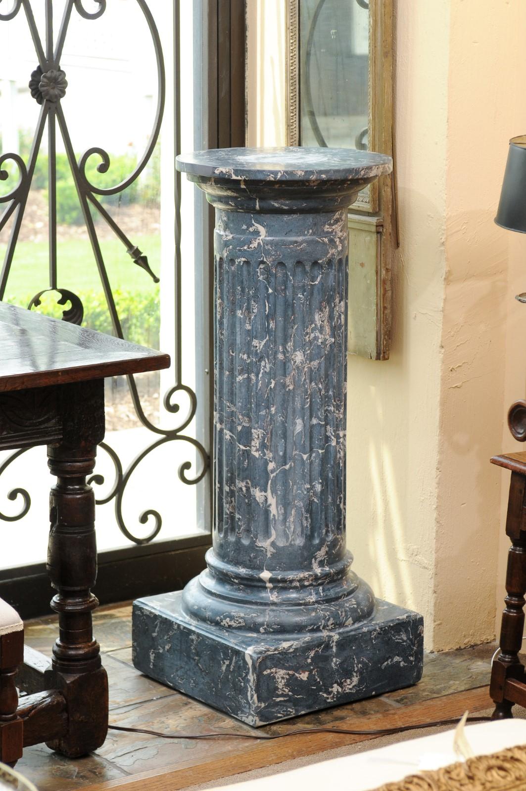 Neoclassical 19th Century Continental Blue Marbleized Painted Terracotta Column/Pedestal