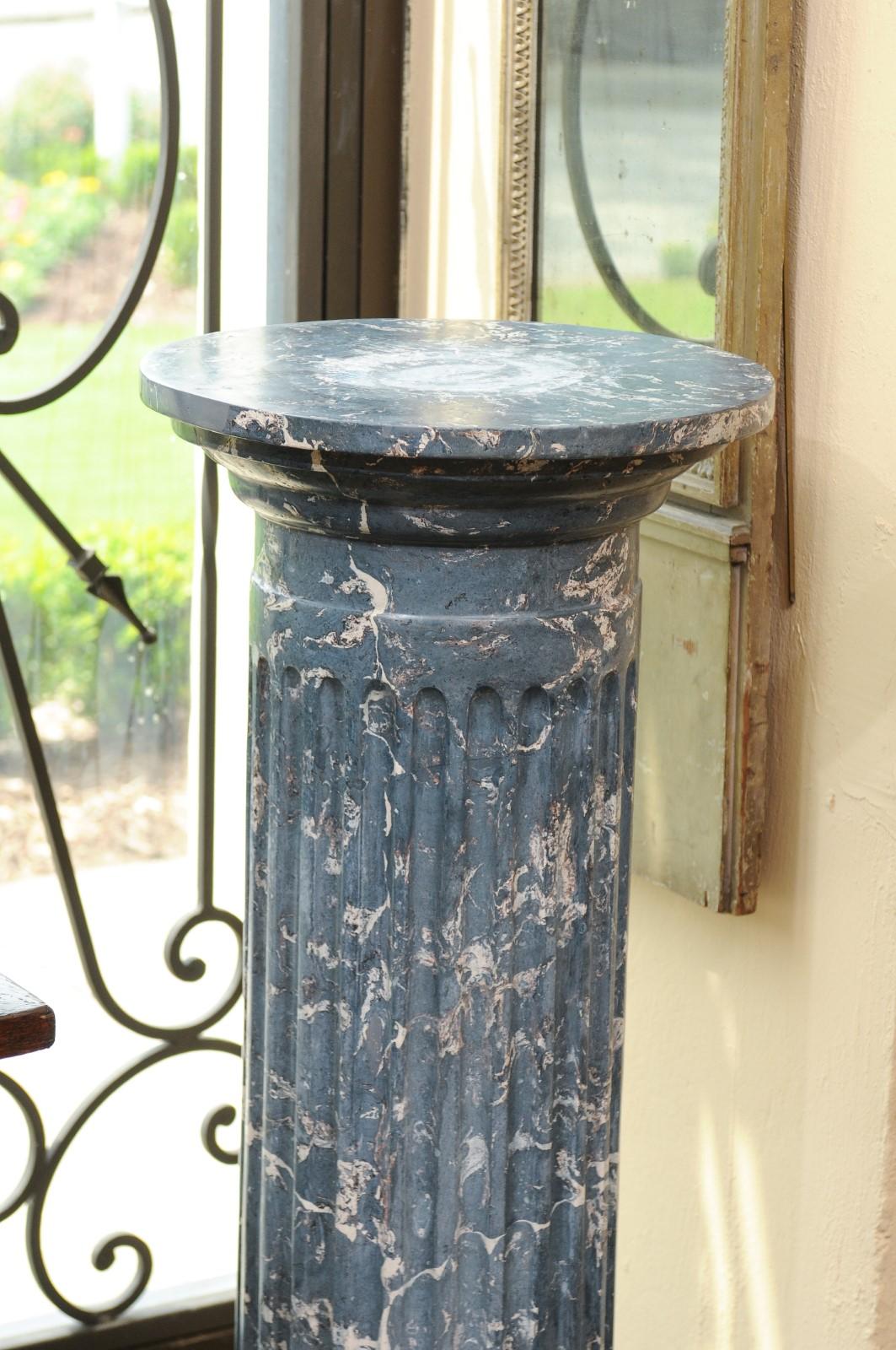 19th Century Continental Blue Marbleized Painted Terracotta Column/Pedestal In Good Condition In Atlanta, GA