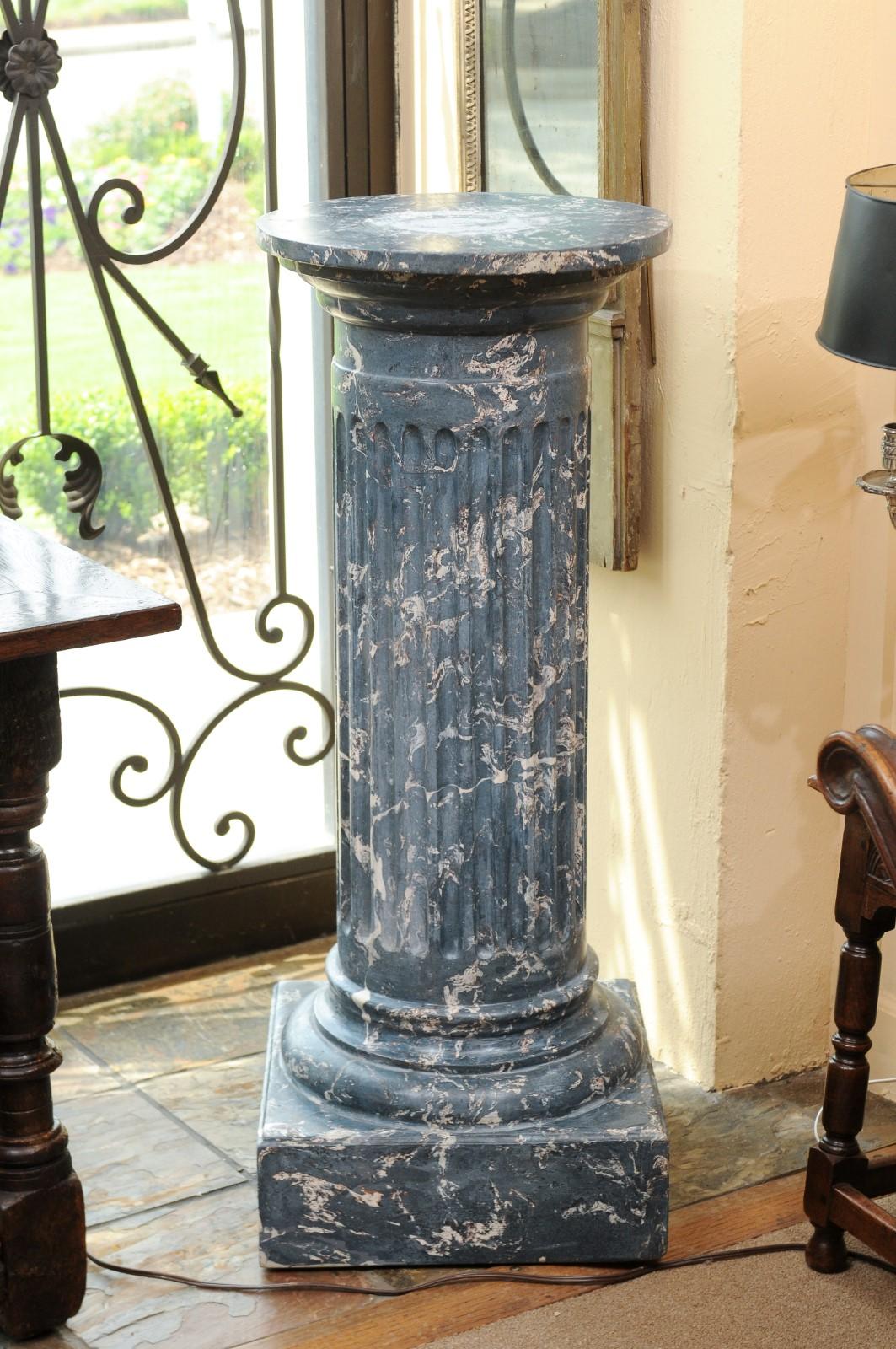 19th Century Continental Blue Marbleized Painted Terracotta Column/Pedestal 2
