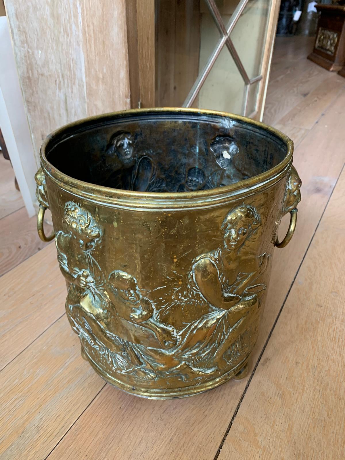 European 19th Century Continental Brass Cachepot with Lion Pulls For Sale