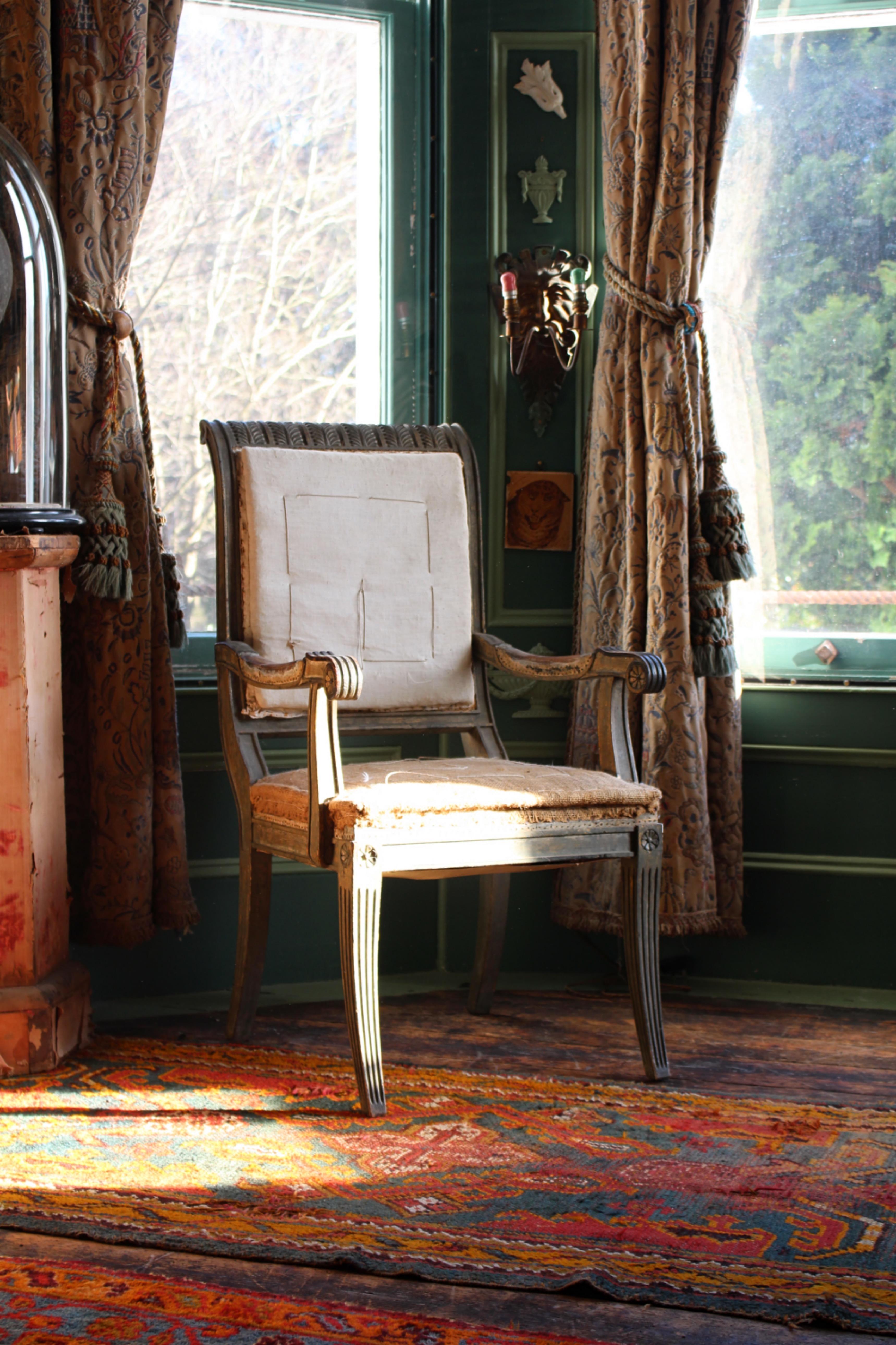 European 19th Century Continental Carved Armchair Original Mist Green & Gilt Finish For Sale