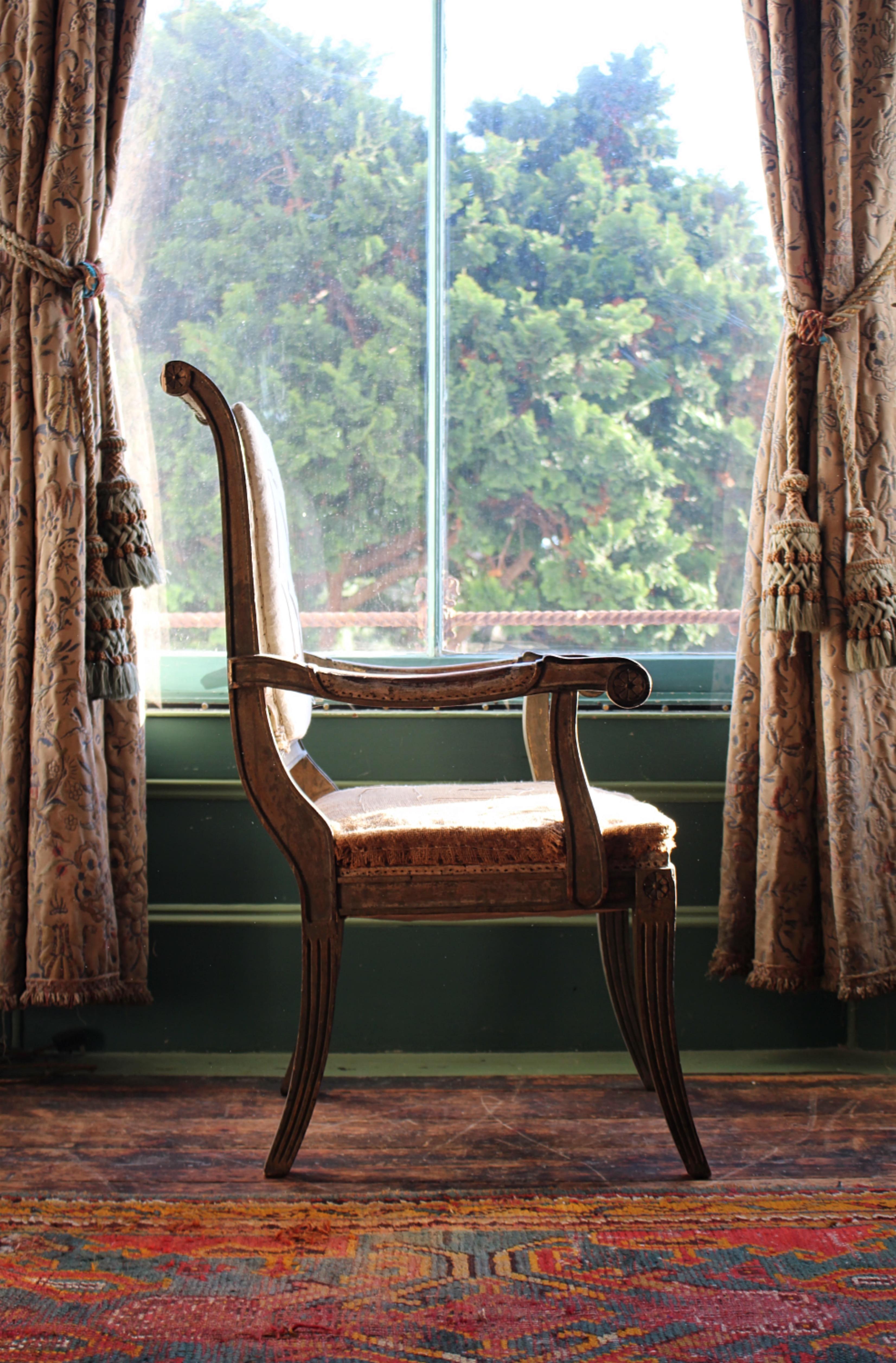 Pine 19th Century Continental Carved Armchair Original Mist Green & Gilt Finish For Sale