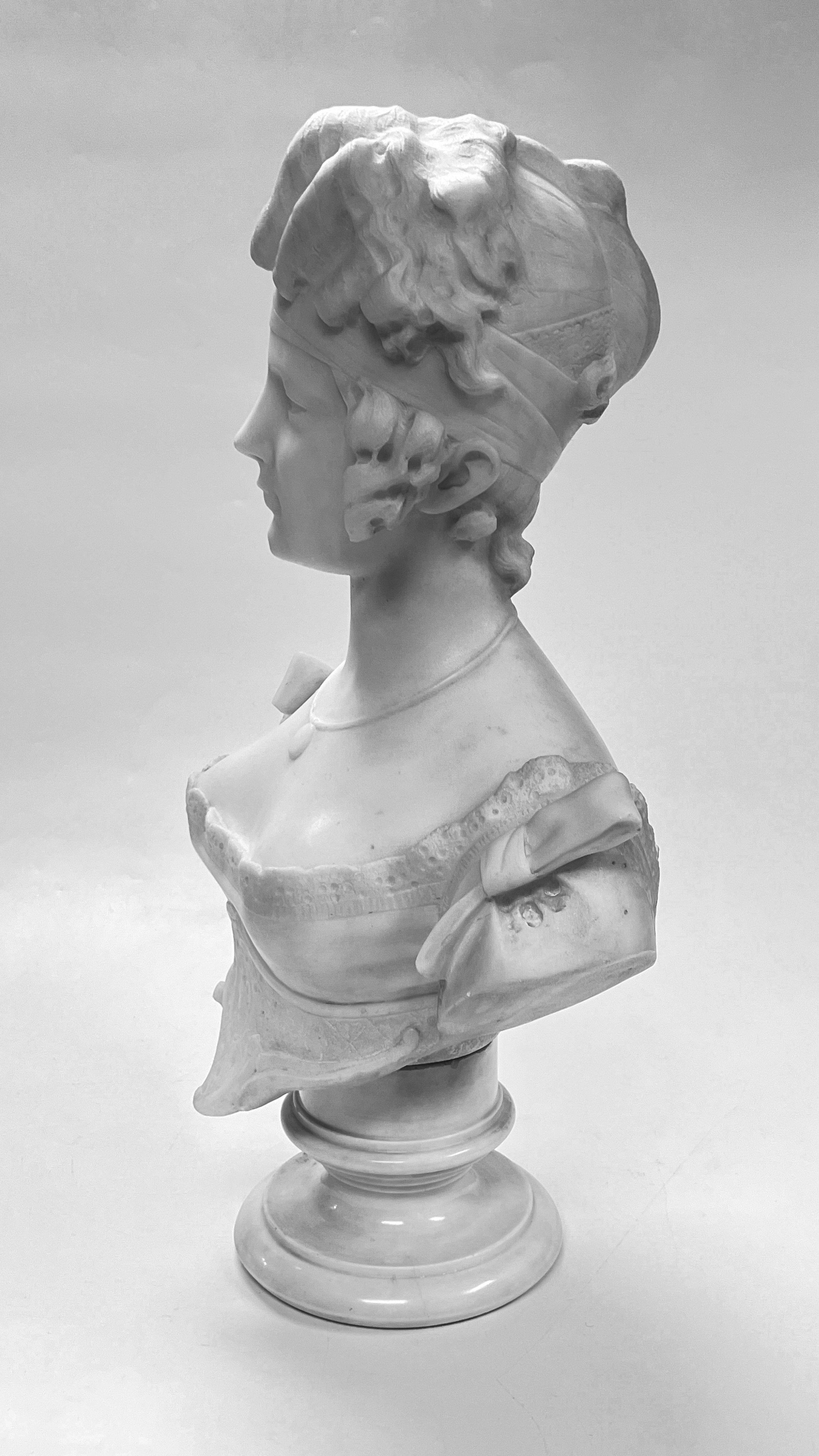 Hand-Carved 19th Century Continental Female Bust Sculpture in White Marble For Sale