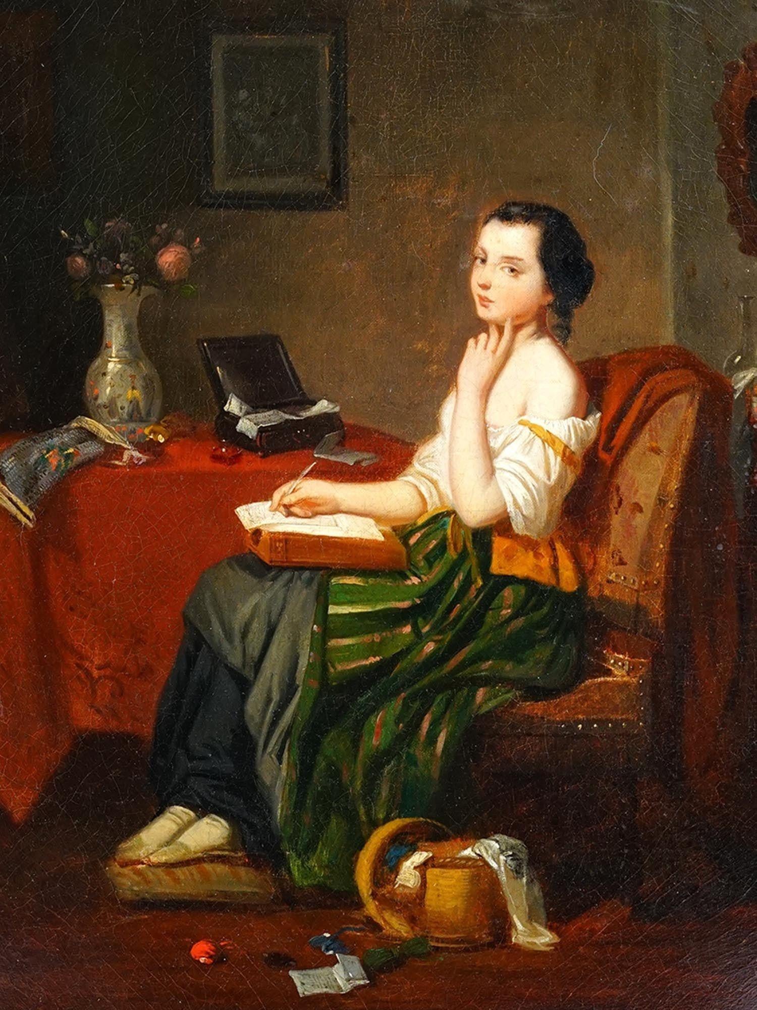 Antique (19th century) oil painting on canvas depicting a seated woman glancing toward the view, penning a letter.  Mounted in a period giltwood frame, 32 x 27 7/8 inches.  Apparently unsigned.  