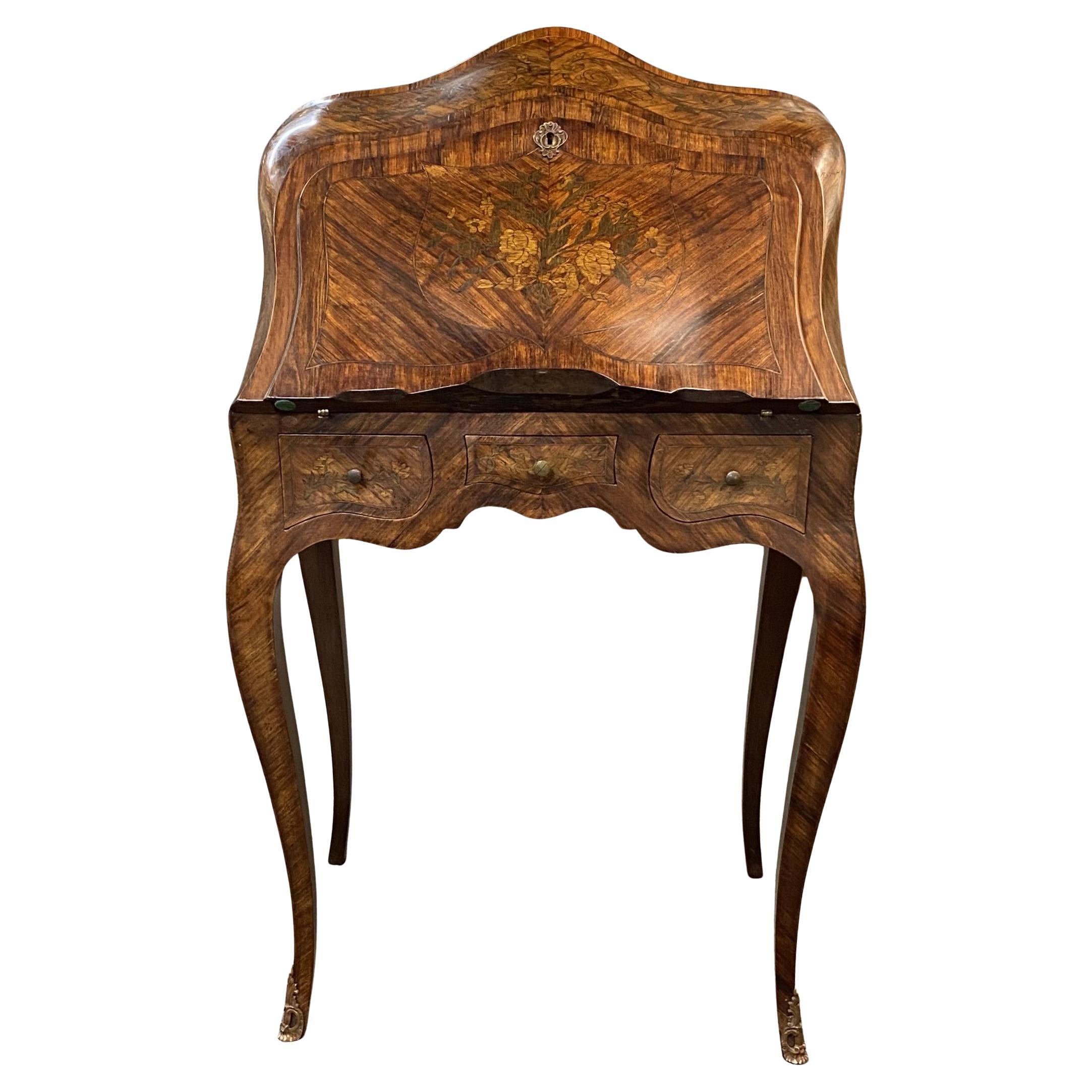 19th Century Continental Fruitwood Fall Front Desk with Foliate Inlay