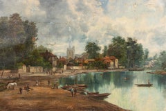 19th Century Continental German Oil Painting of Town by River
