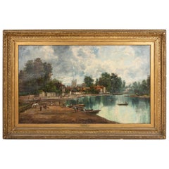 Paysage à l'huile allemand continental du 19ème siècle dans un cadre en bois doré signé