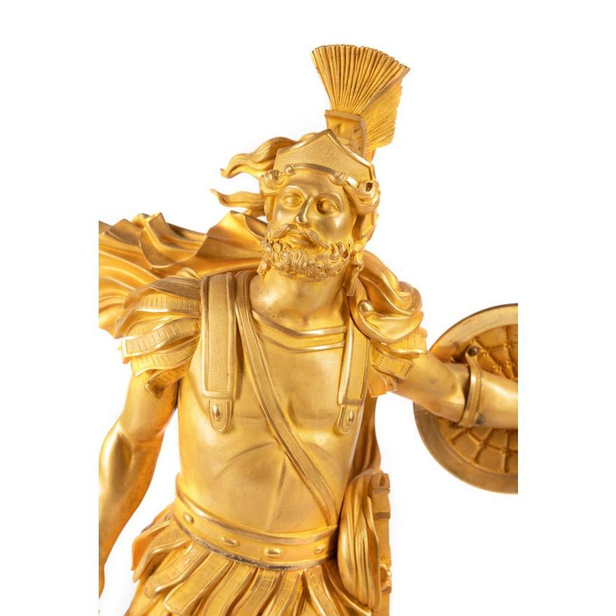 19th Century Continental Gilt Bronze Statue of Soldier. Continental gilt bronze figure of a Classical soldier, late 19th century, with sword extended, resting on a gilded octagonal marble plinth. Exquisite Detail. Original matte & burnished