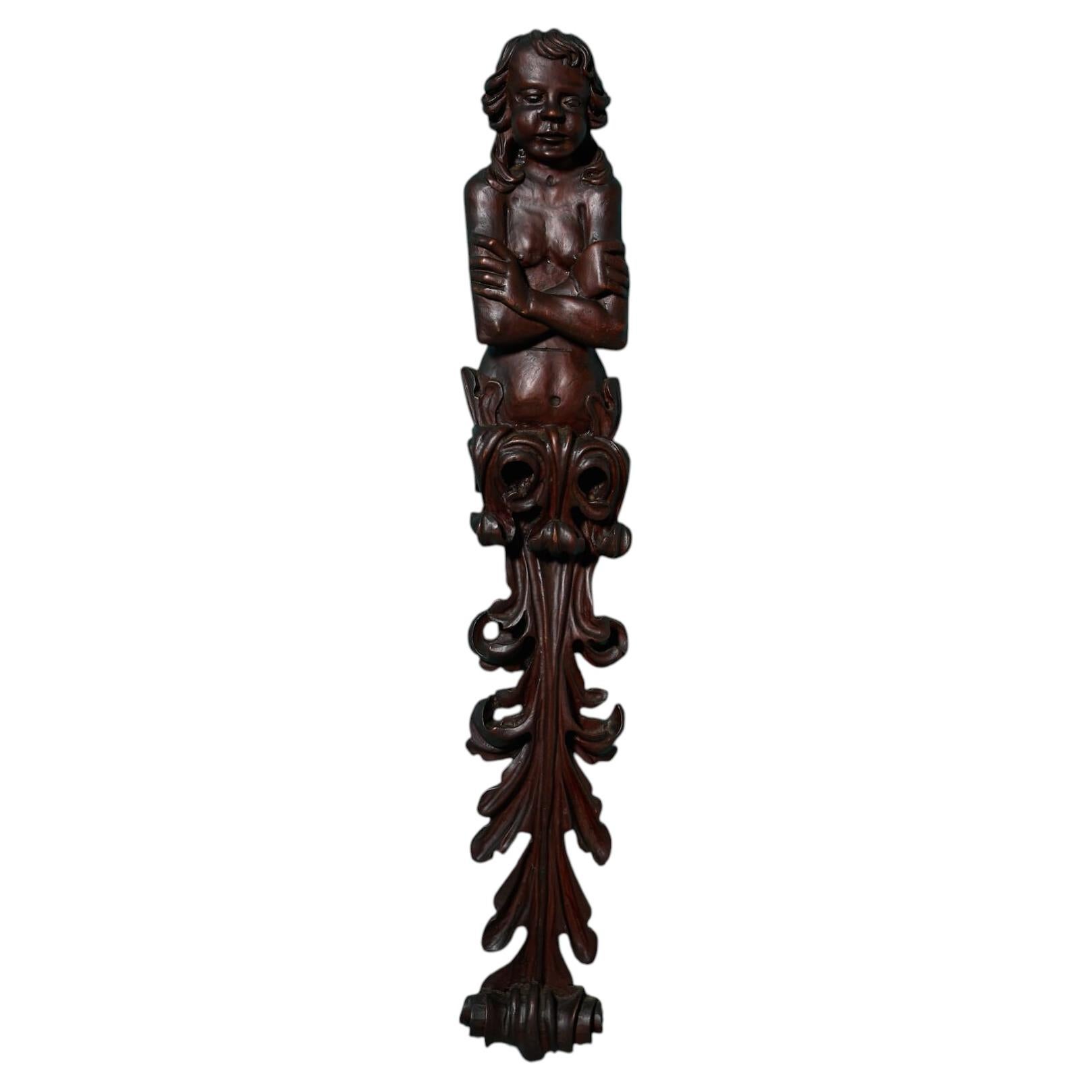 19th Century Continental Mahogany Caryatid Wood Carving