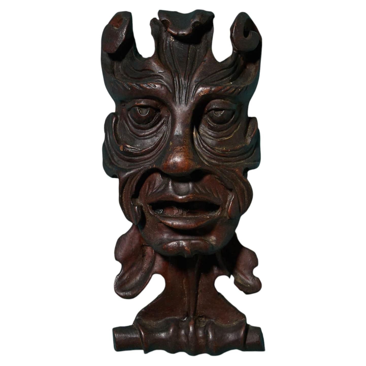 19th Century Continental Mahogany Green Man Grotesque Wood Carving