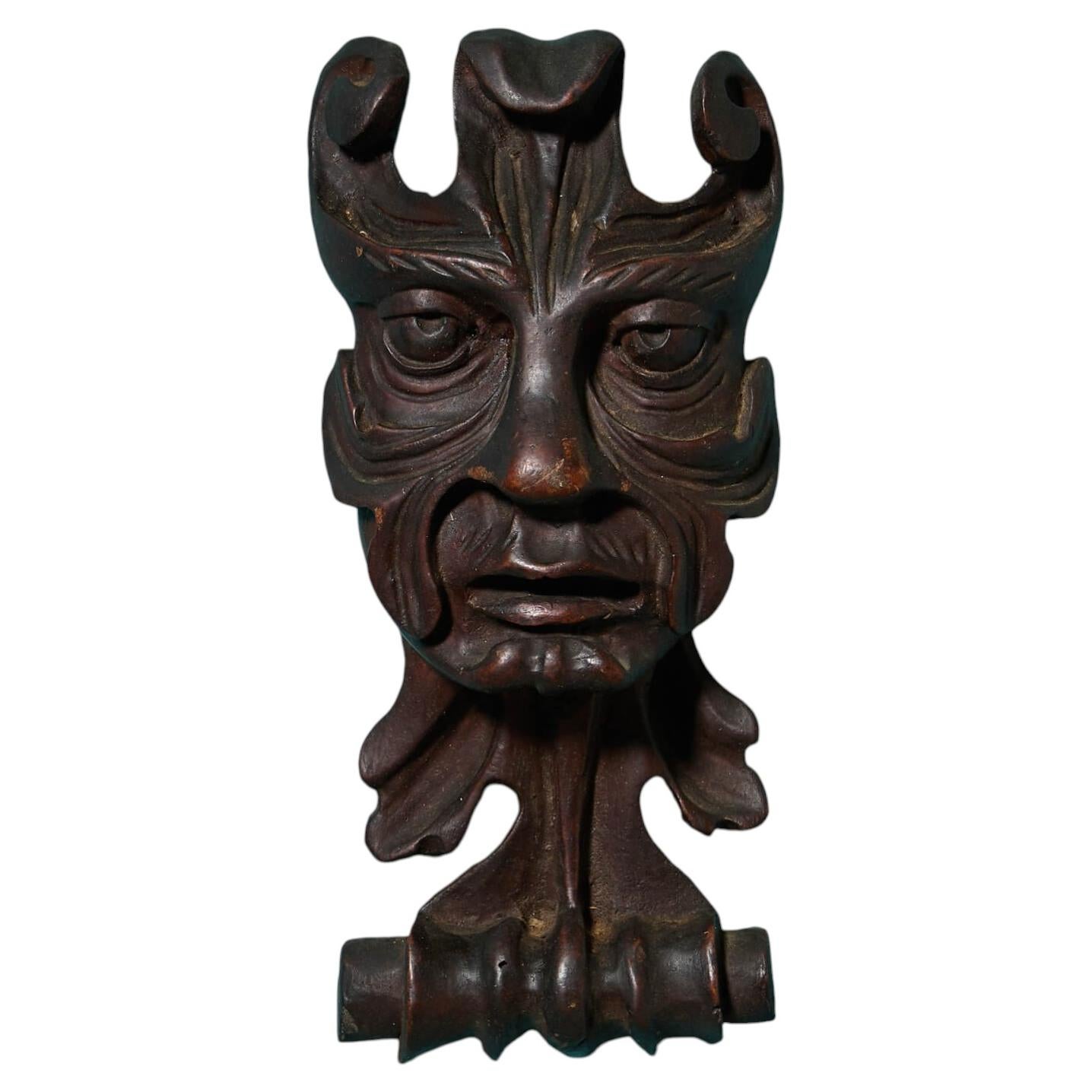 19th Century Continental Mahogany Green Man Grotesque Wood Carving