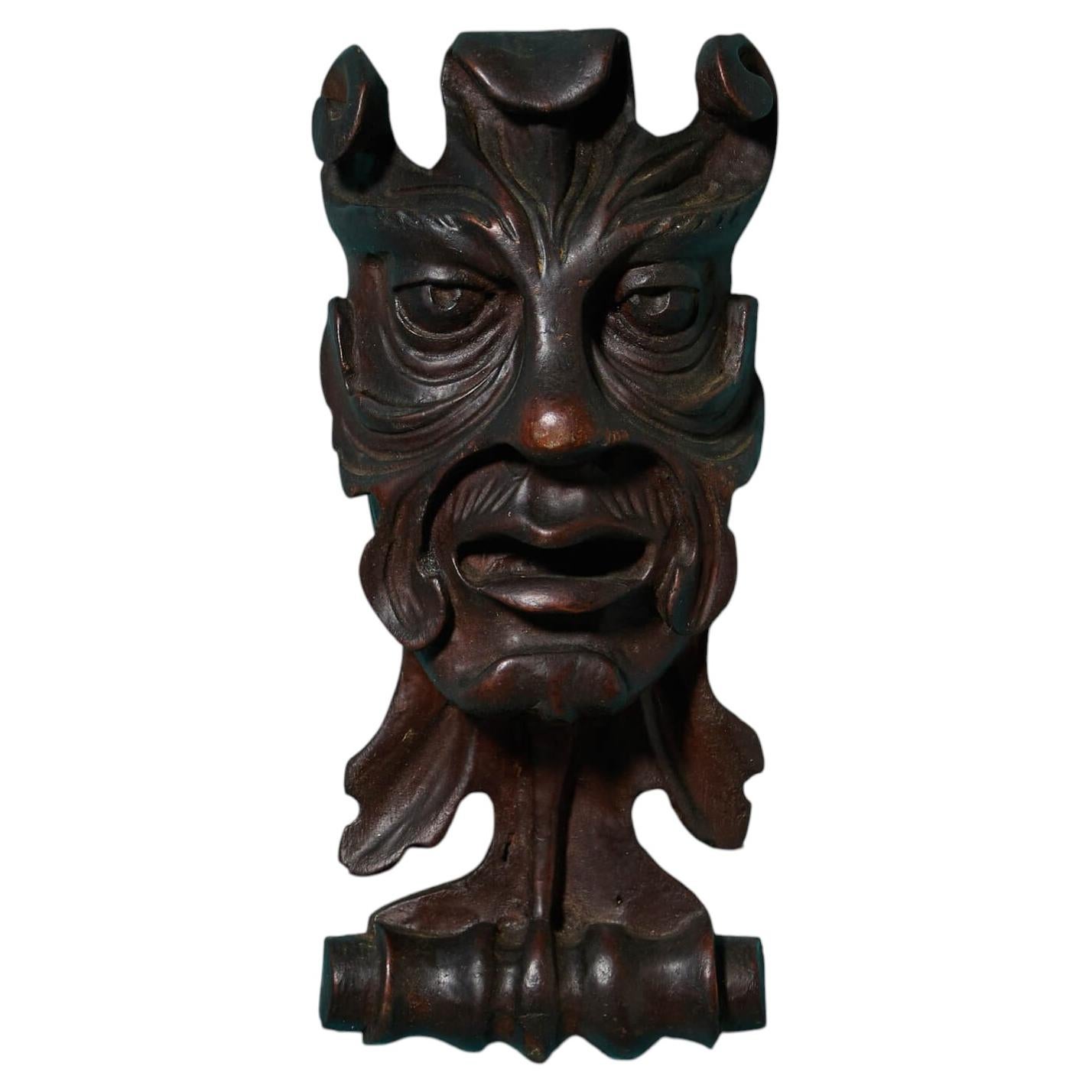 19th Century Continental Mahogany Green Man Grotesque Wood Carving