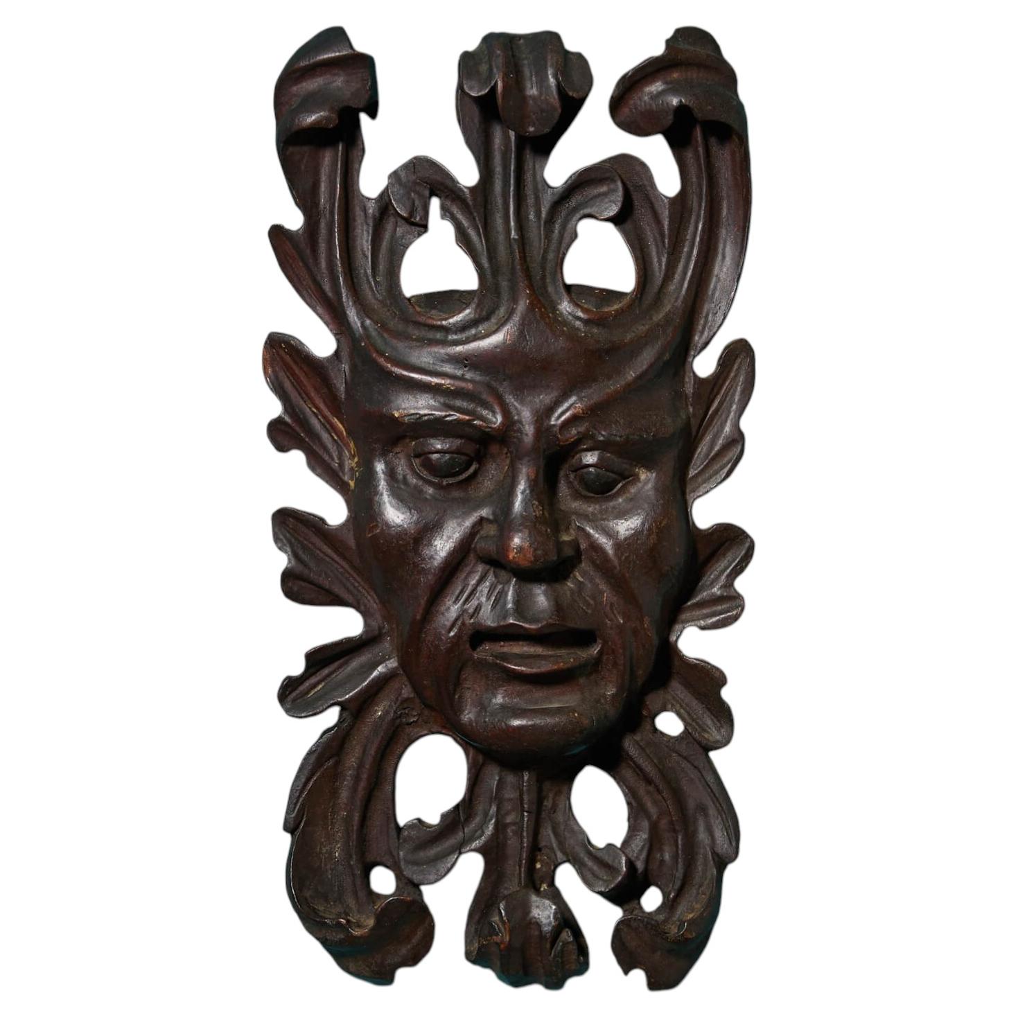 19th Century Continental Mahogany Green Man Wood Carving For Sale