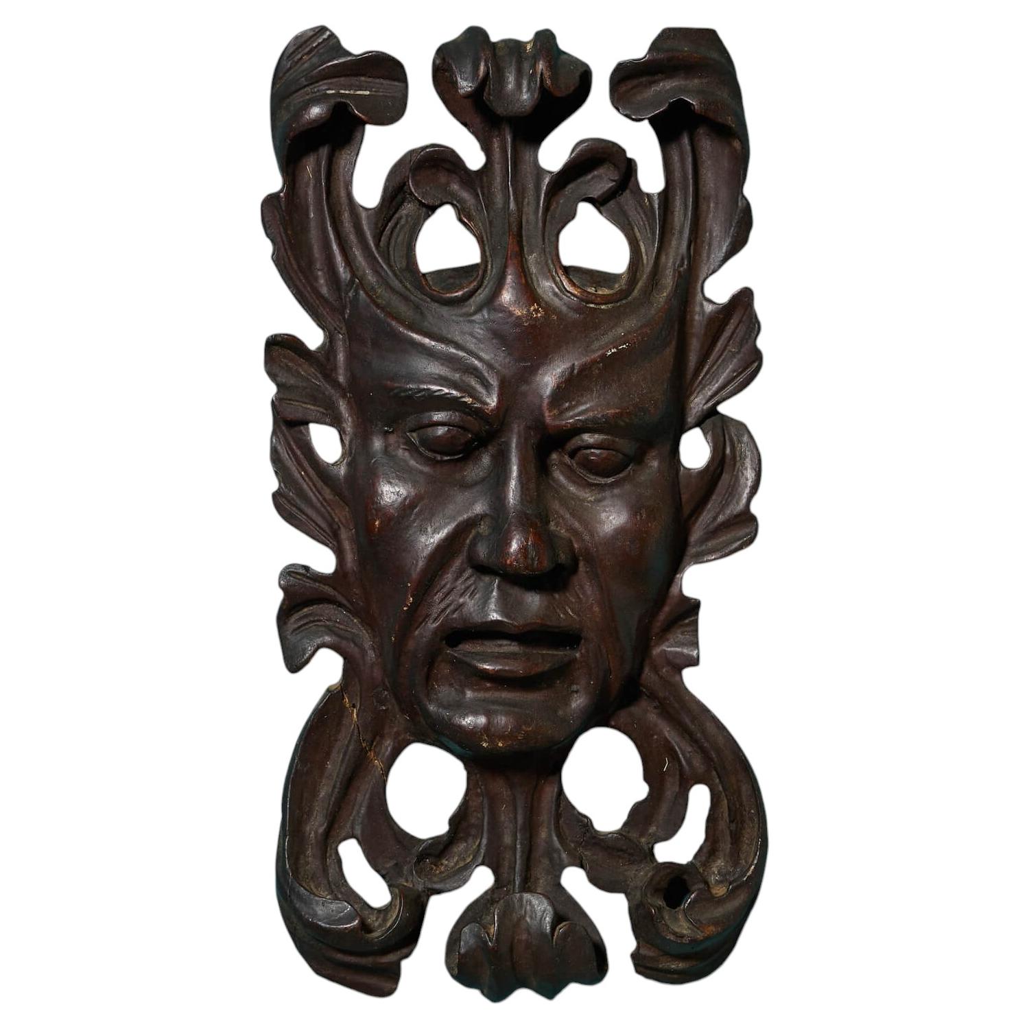 19th Century Continental Mahogany Green Man Wood Carving