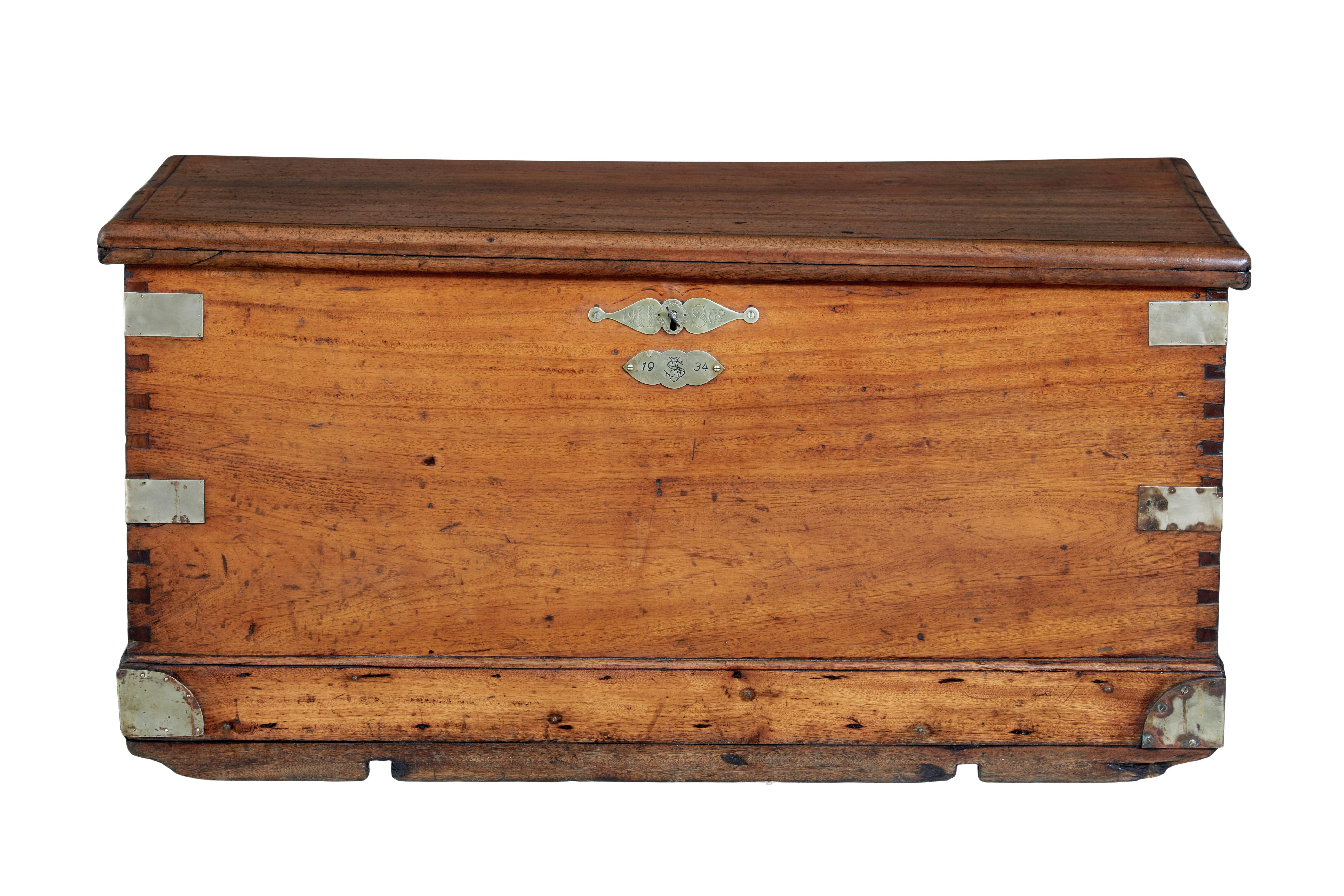 19th century continental mahogany maritime chest circa 1870.

Rare german maritime sailors chest with hand painted interior lid.

Mahogany exterior with brass strap work. Working lock and key with a brass escutheon plate engraved with the initials