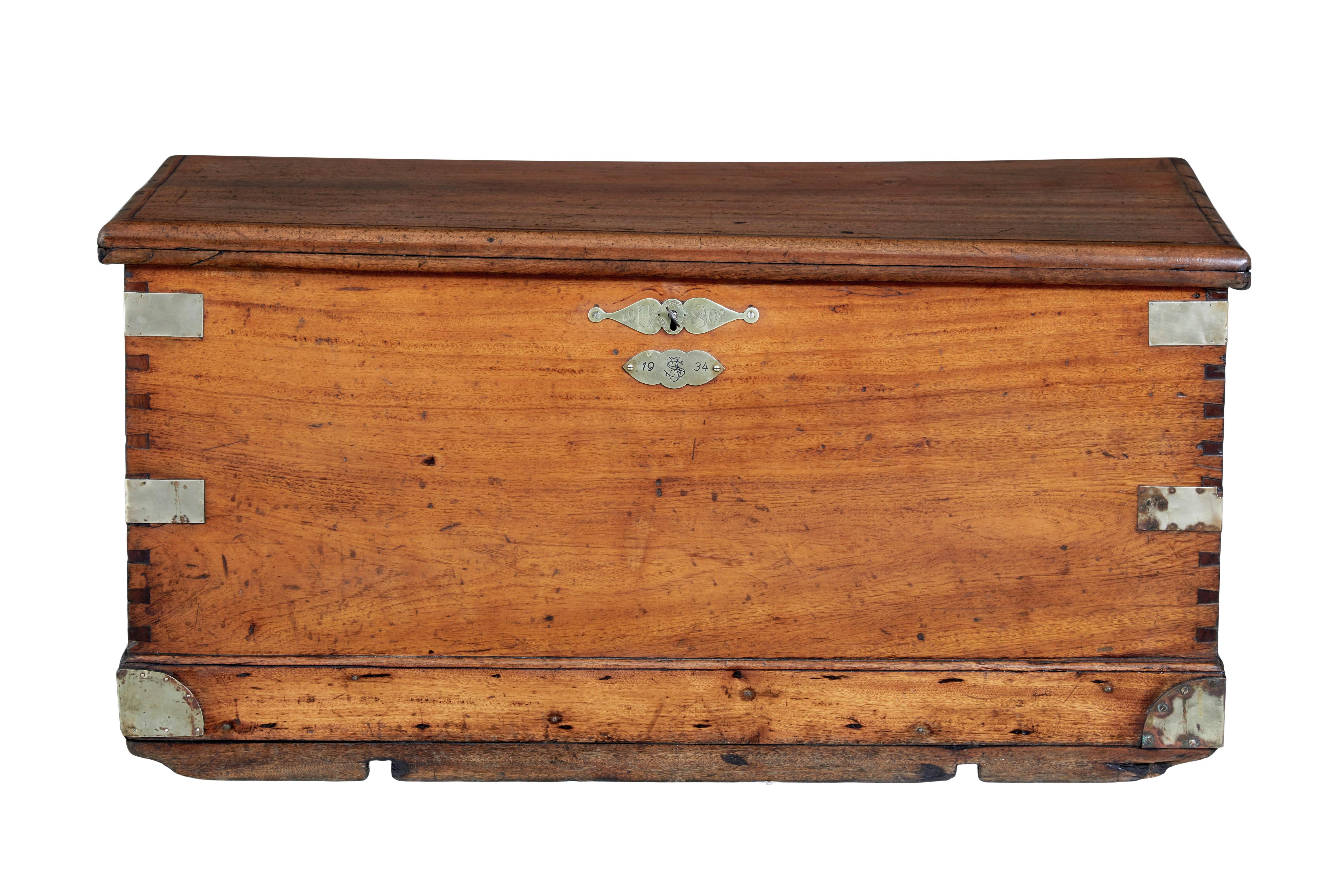 19th century continental mahogany maritime chest circa 1870.

Rare german maritime sailors chest with hand painted interior lid.

Mahogany exterior with brass strap work. Working lock and key with a brass escutheon plate engraved with the initials