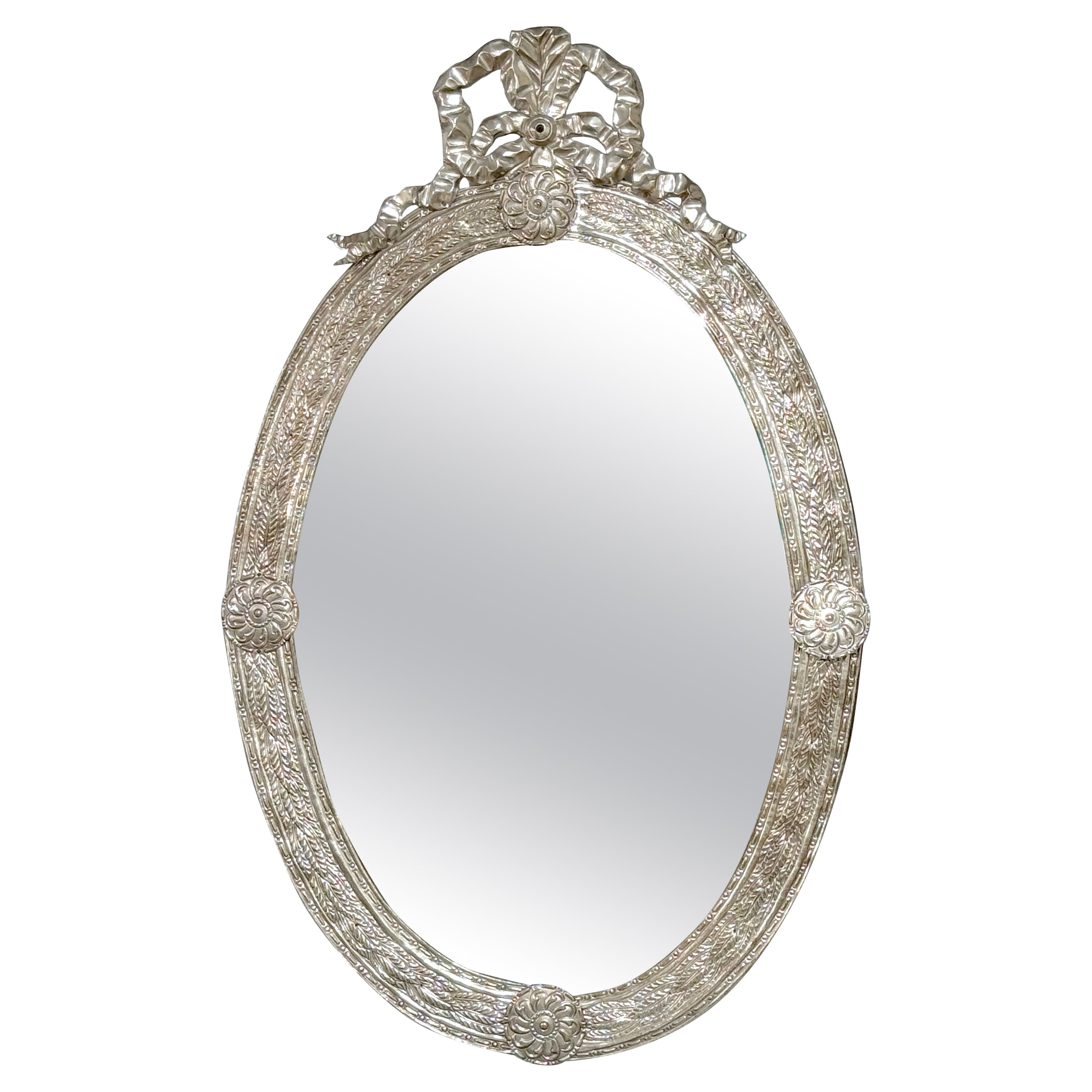 19th Century Continental Neoclassical Silver on Copper Ribbon Mirror For Sale