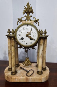 19th Century Continental Neoclassical Style Brass and Marble Clock Garniture Set