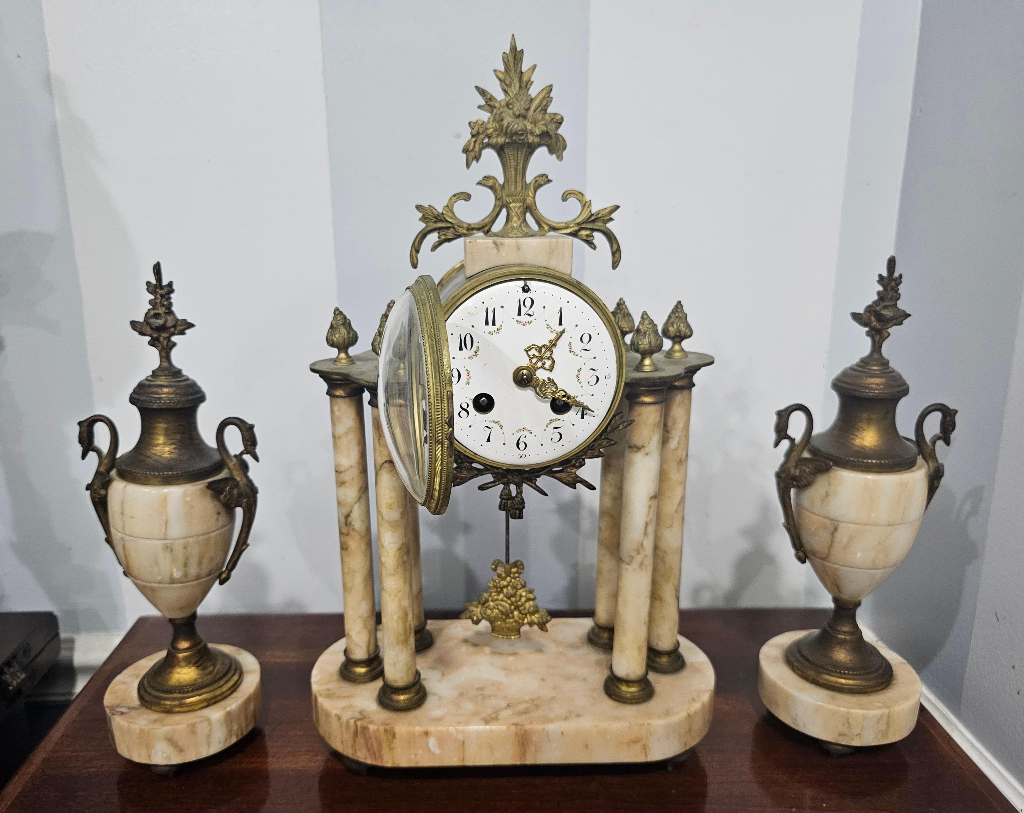 19th Century Continental Neoclassical Style Brass and Marble Clock Garniture Set For Sale 1
