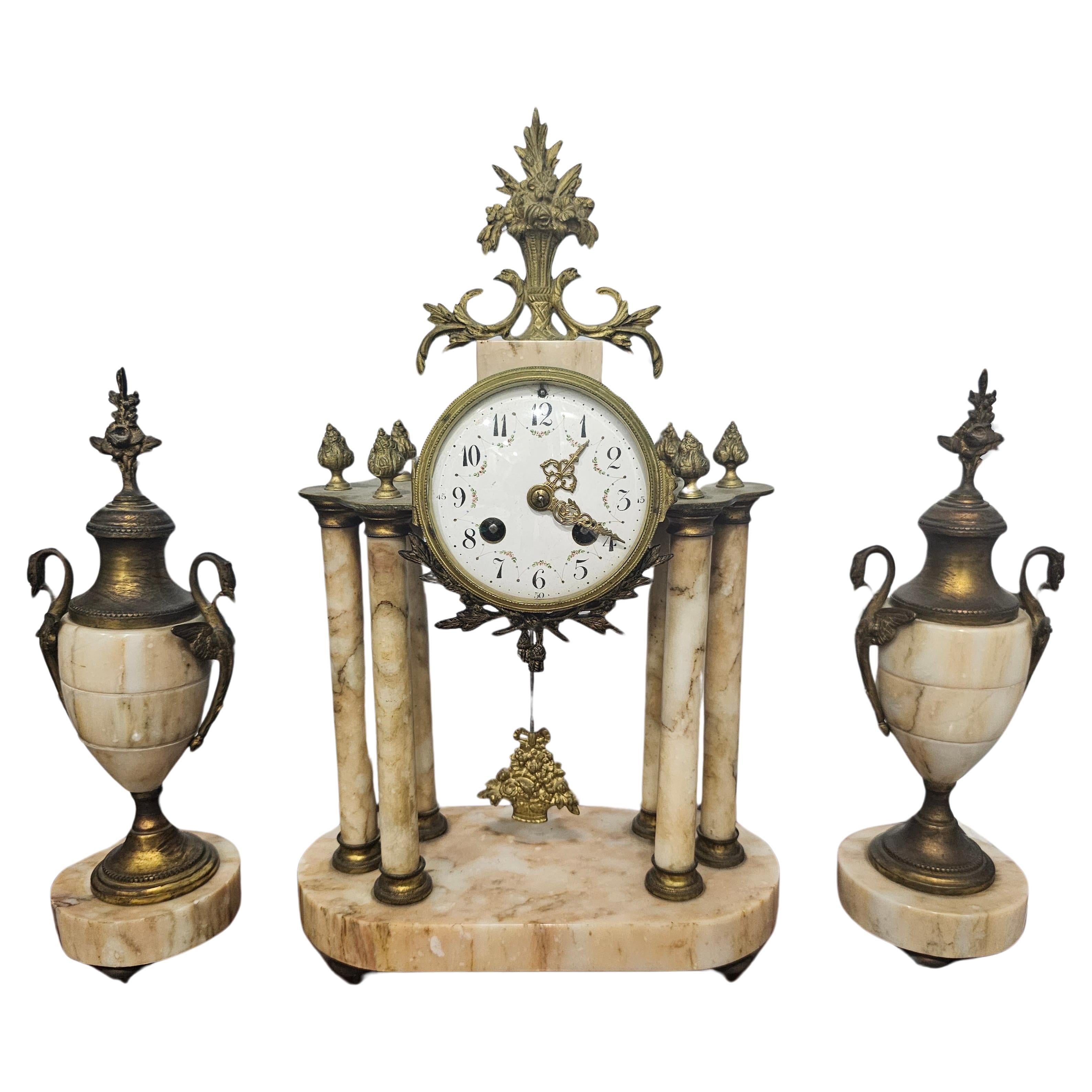 19th Century Continental Neoclassical Style Brass and Marble Clock Garniture Set For Sale