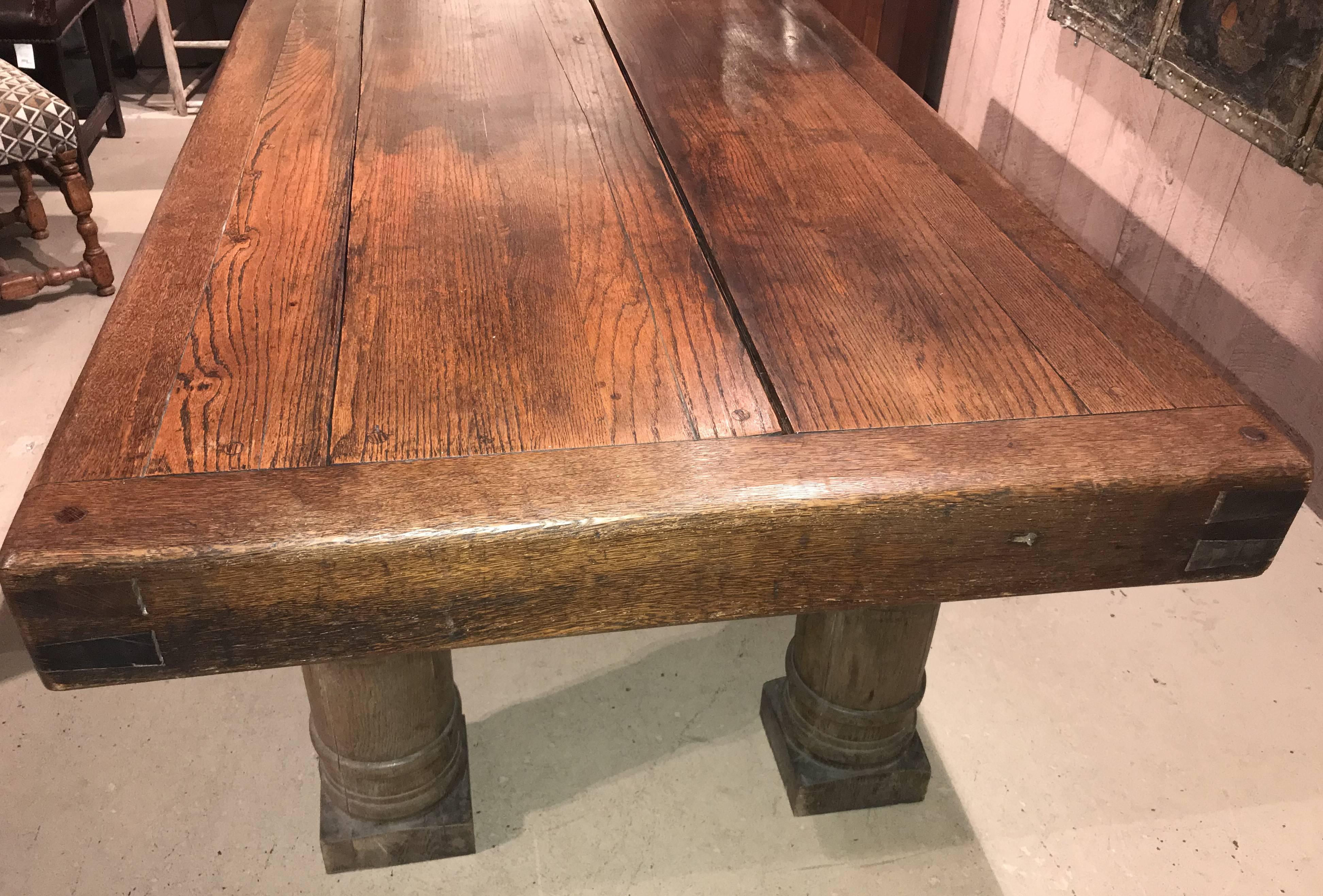 Hand-Carved 19th Century Continental Oak Refectory Table with Turned Leg Base
