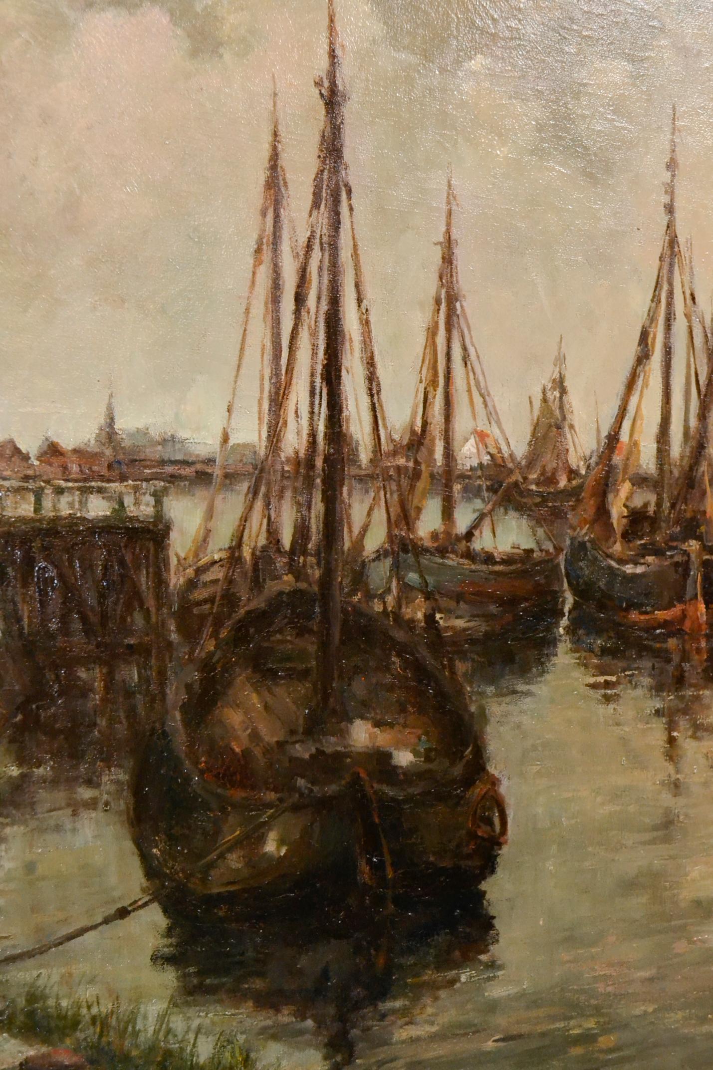 Attractive 19th century Continental signed oil on canvas of harbor scene.