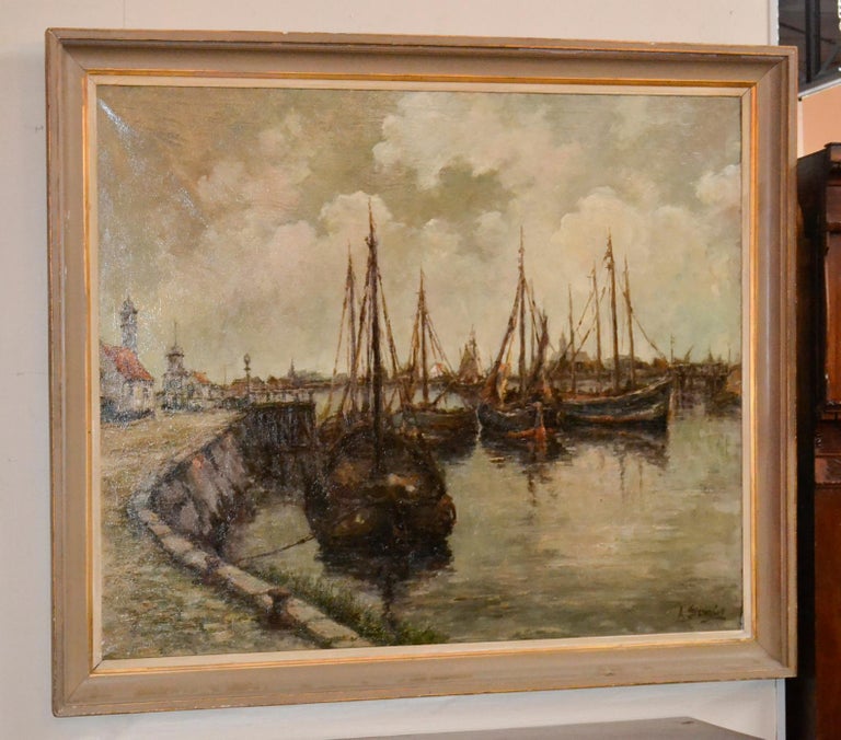 Painted 19th Century Continental Oil of Harbor Scene For Sale