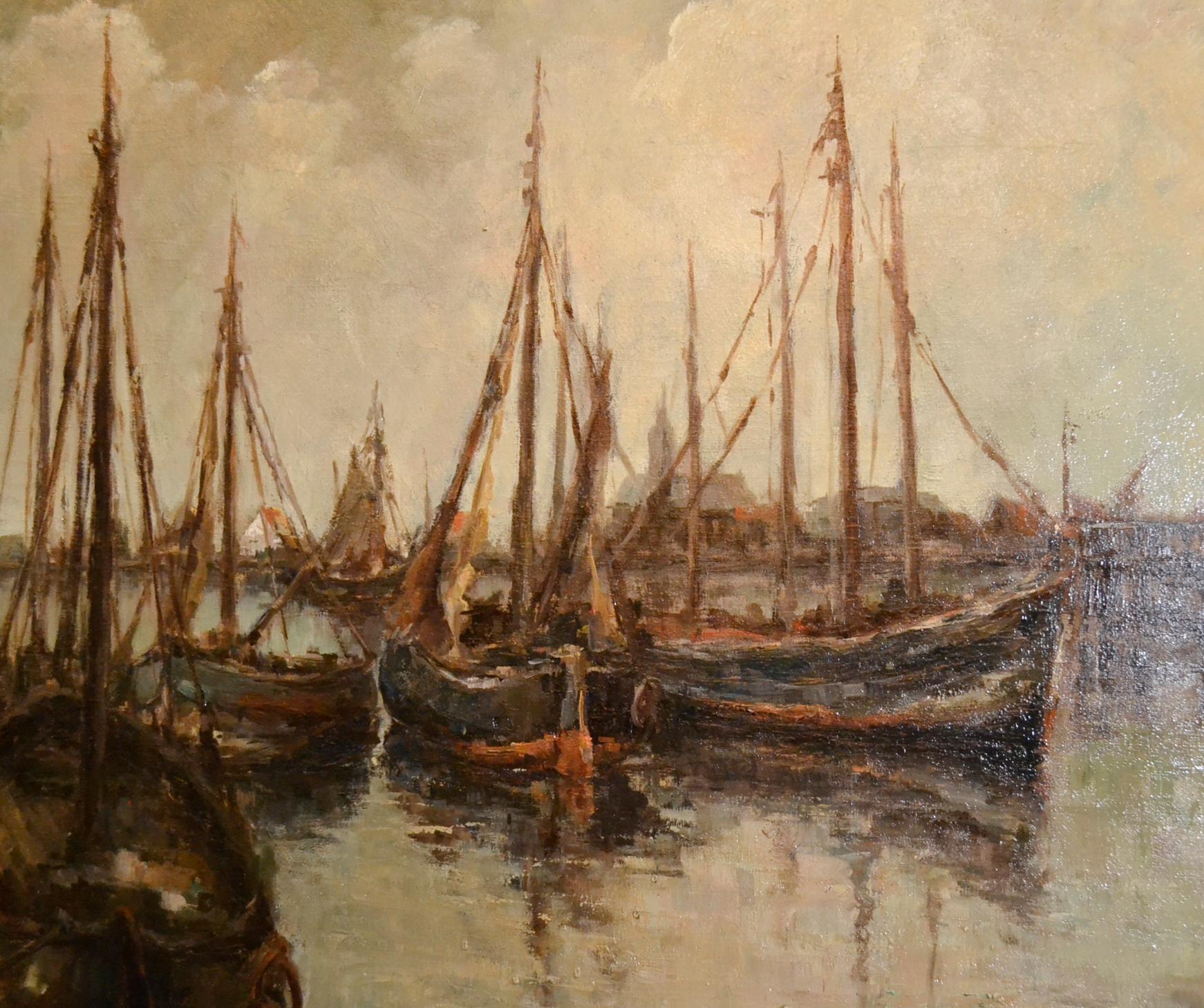 19th Century Continental Oil of Harbor Scene In Good Condition In Dallas, TX