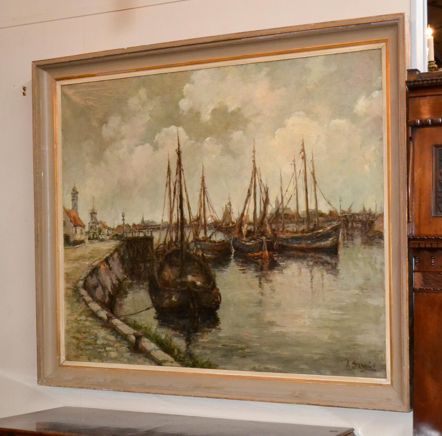 Canvas 19th Century Continental Oil of Harbor Scene