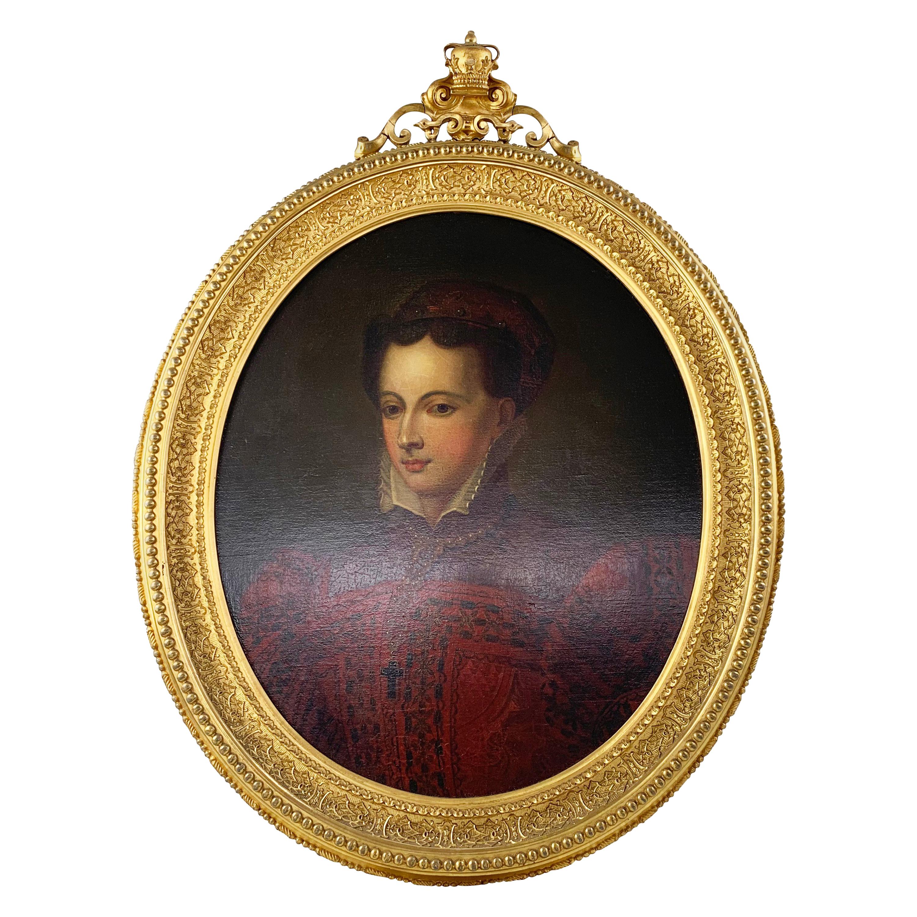 19th Century Continental Oil On Canvas Of A Lady In 16th Century Dress For Sale