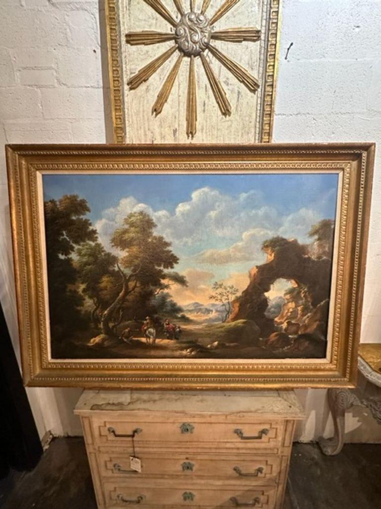 Très belle huile sur toile continentale du XIXe siècle dans un cadre en bois doré. De beaux paysages avec des voyageurs à cheval. Charmant !
