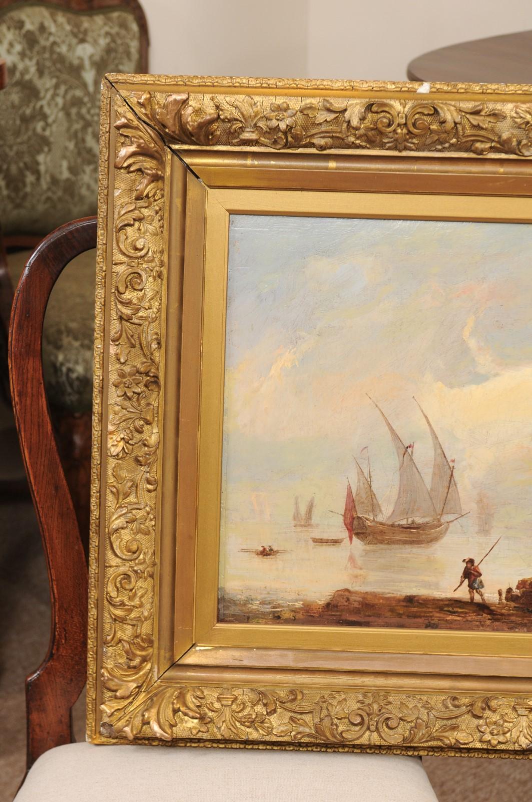 19th Century Continental Oil on Canvas Painting of Harbor In Good Condition In Atlanta, GA