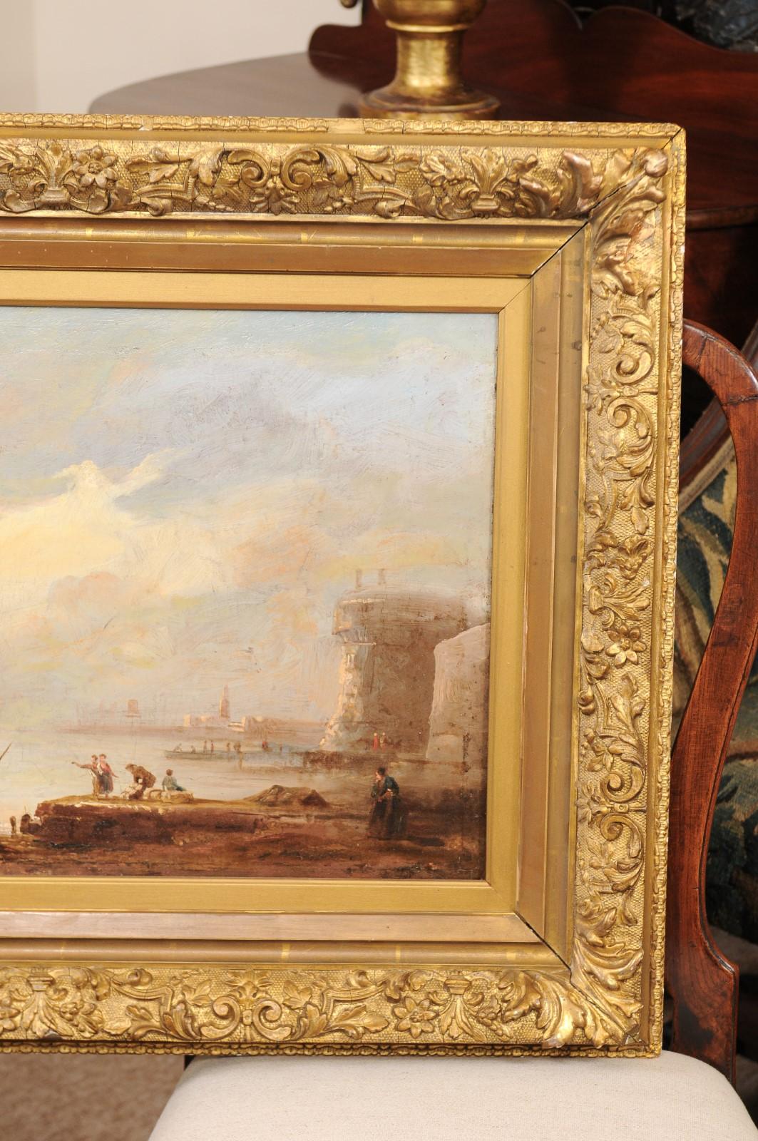 Giltwood 19th Century Continental Oil on Canvas Painting of Harbor