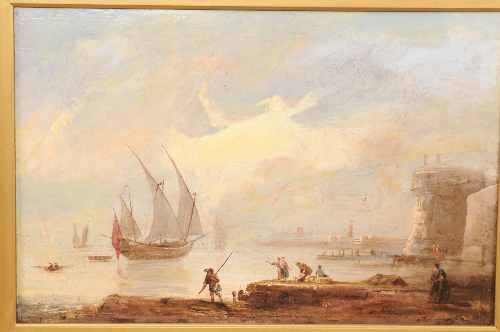 19th Century Continental Oil on Canvas Painting of Harbor 1