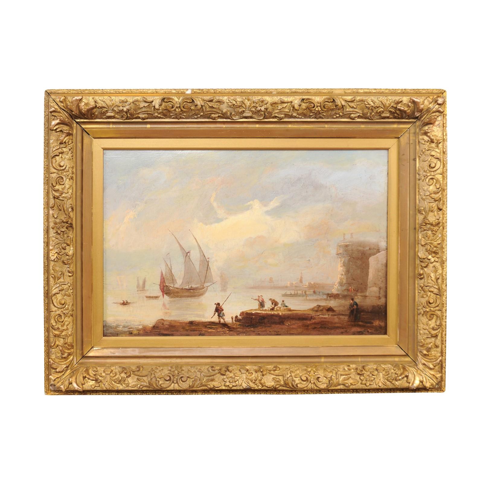 19th Century Continental Oil on Canvas Painting of Harbor