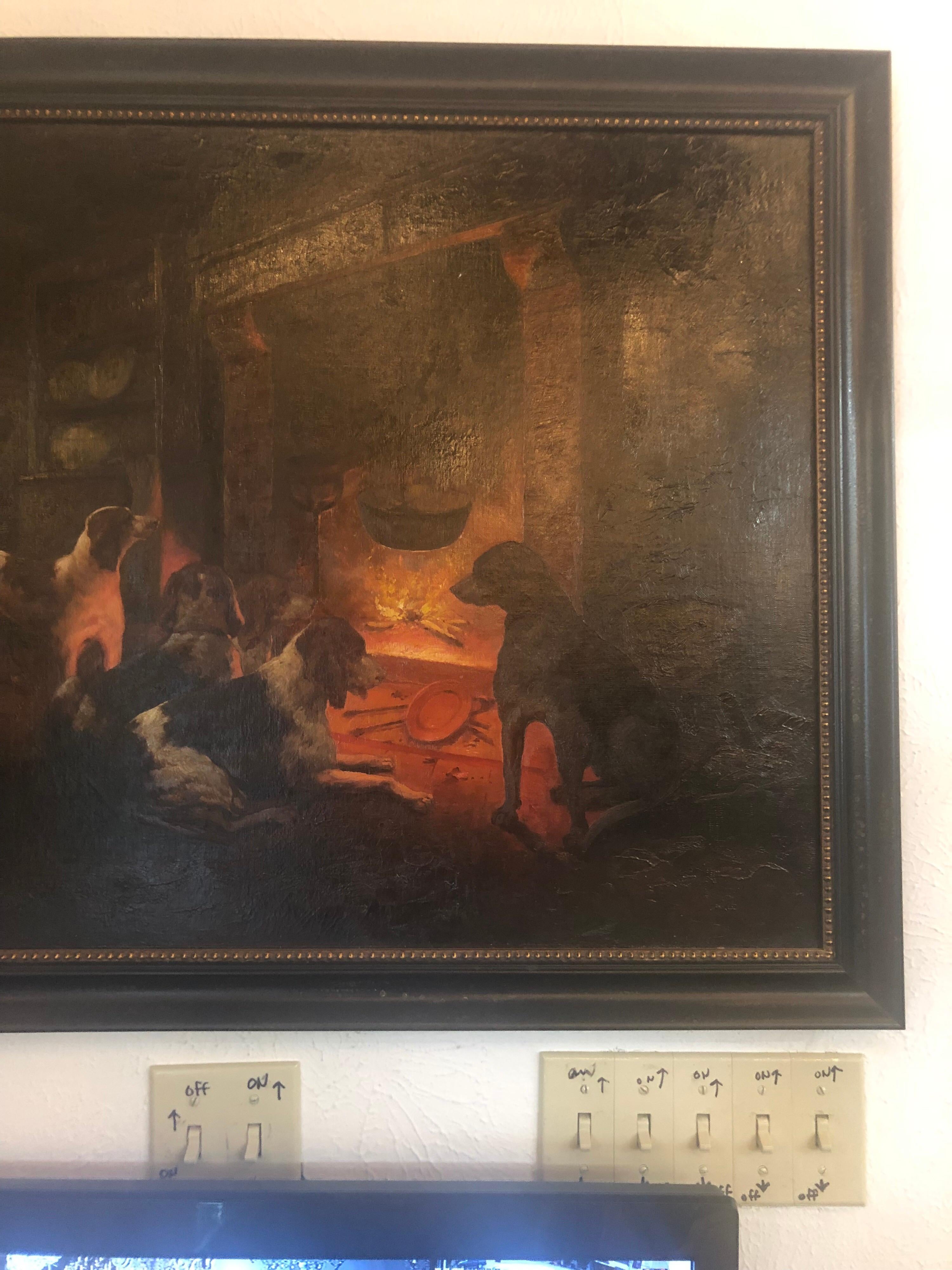 Beautiful 19th century Continental oil painting on canvas. Depicts a cozy scene of dogs by a fire.
