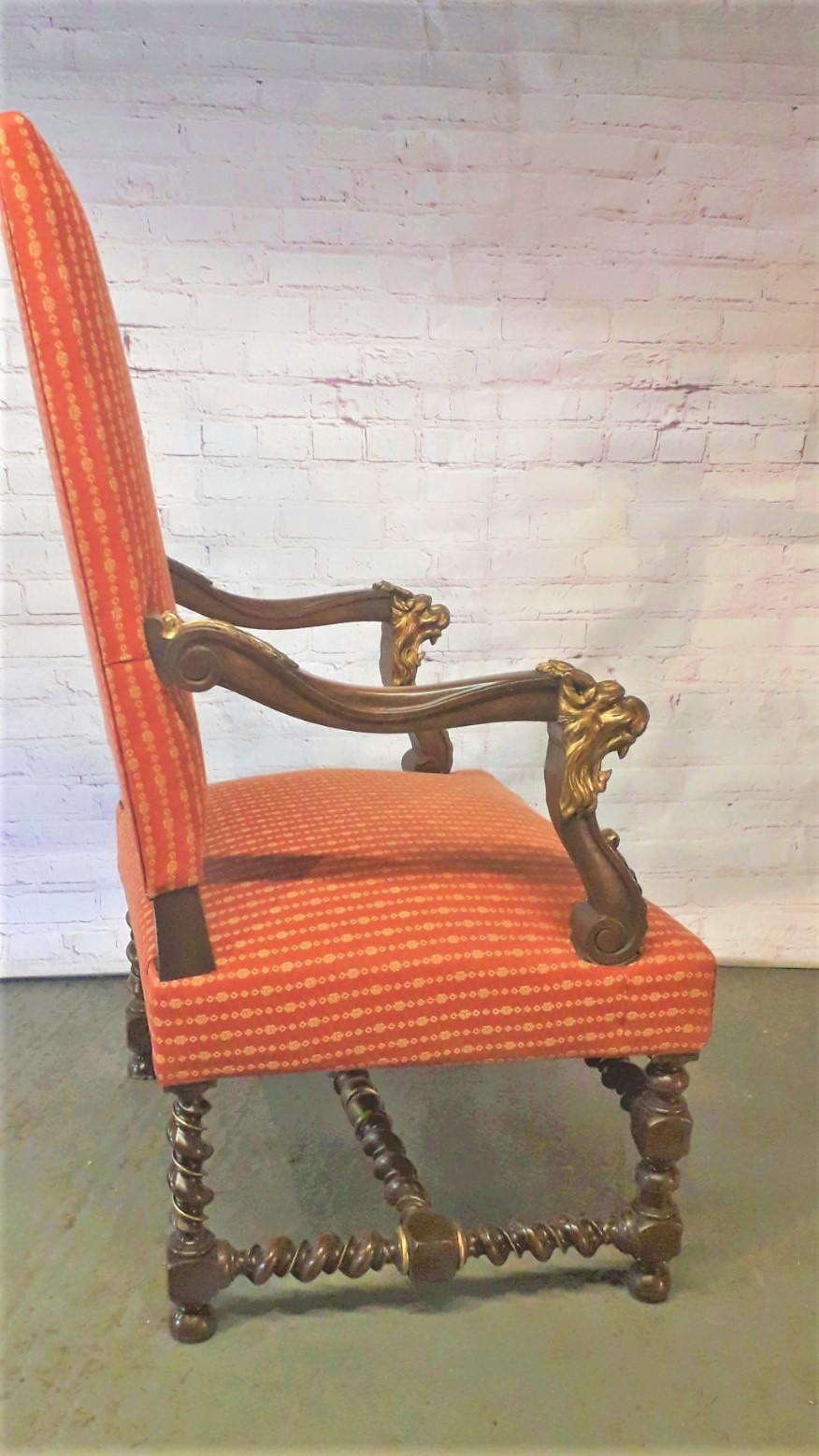 A fabulous pair of parcel gilt walnut armchairs with rare double barley twist turnings, the open scrolled arms carved with lion mask heads set on arms with gilded brackets, the bun feet supported by turned legs with superb gilded motifs.

We can