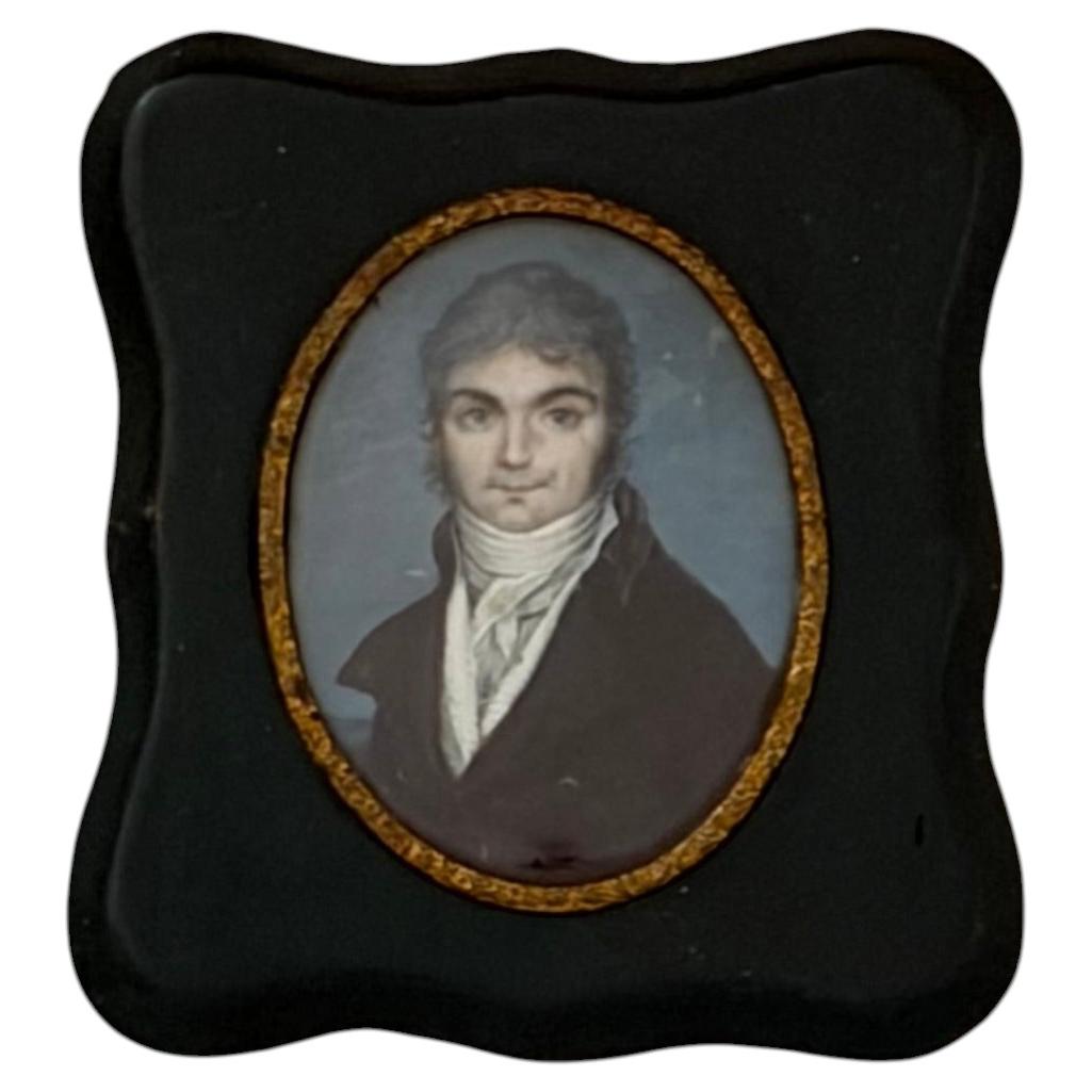 19th Century Continental Portrait Miniature in an Unusual Green Frame For Sale