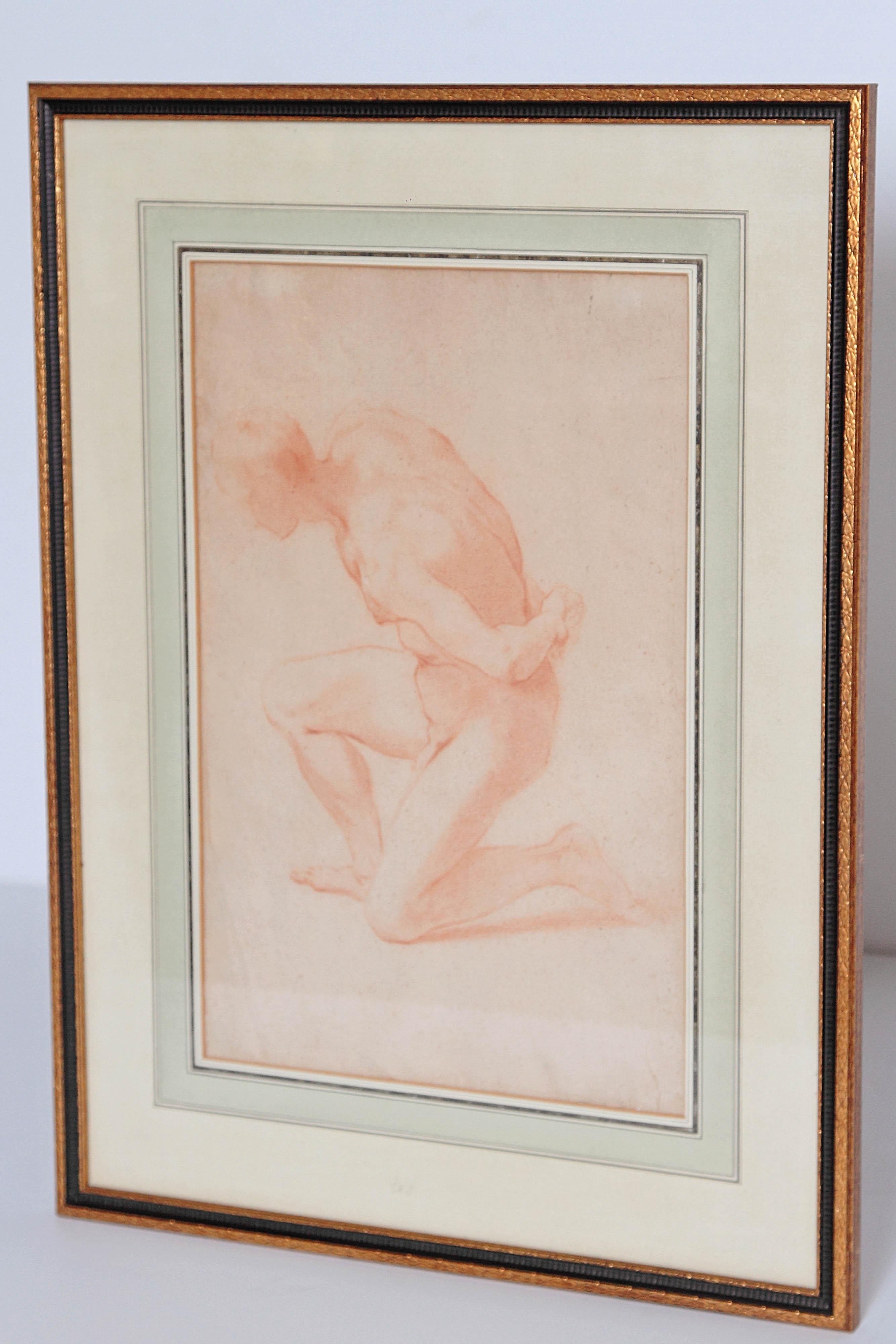 Paper 19th Century Continental Red Chalk Drawing, Figure Study