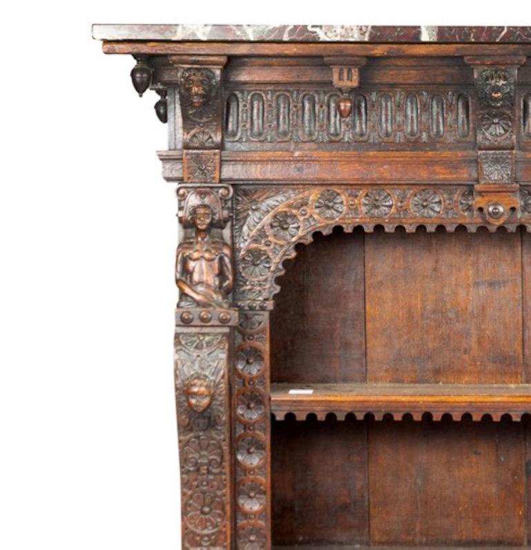 19th Century Continental Renaissance Style Carved Oak Bookcase with Marble In Good Condition For Sale In Chicago, IL