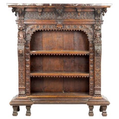 Antique 19th Century Continental Renaissance Style Carved Oak Bookcase with Marble