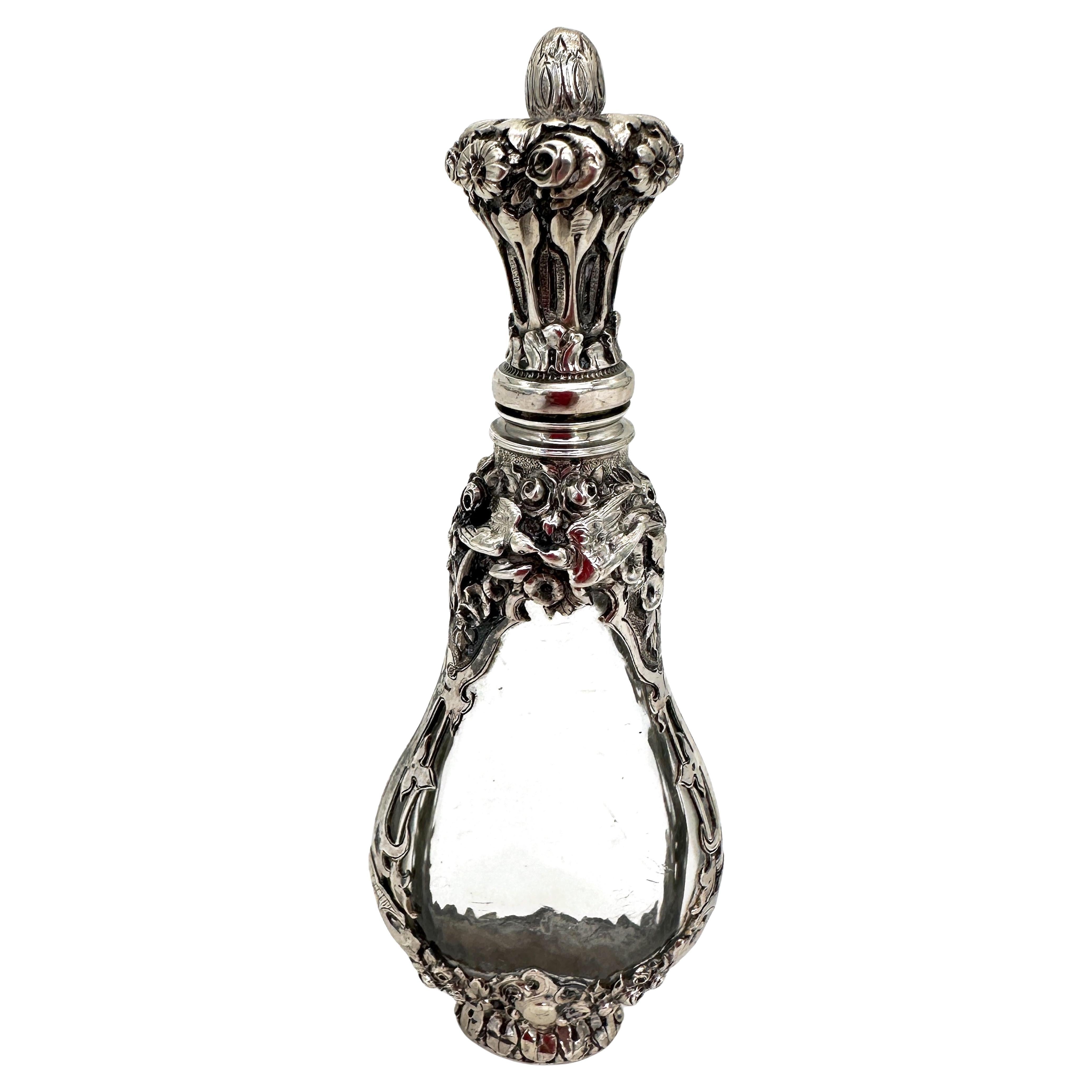 19th Century  Continental Sterling Silver & Rock Crystal Perfume Bottle