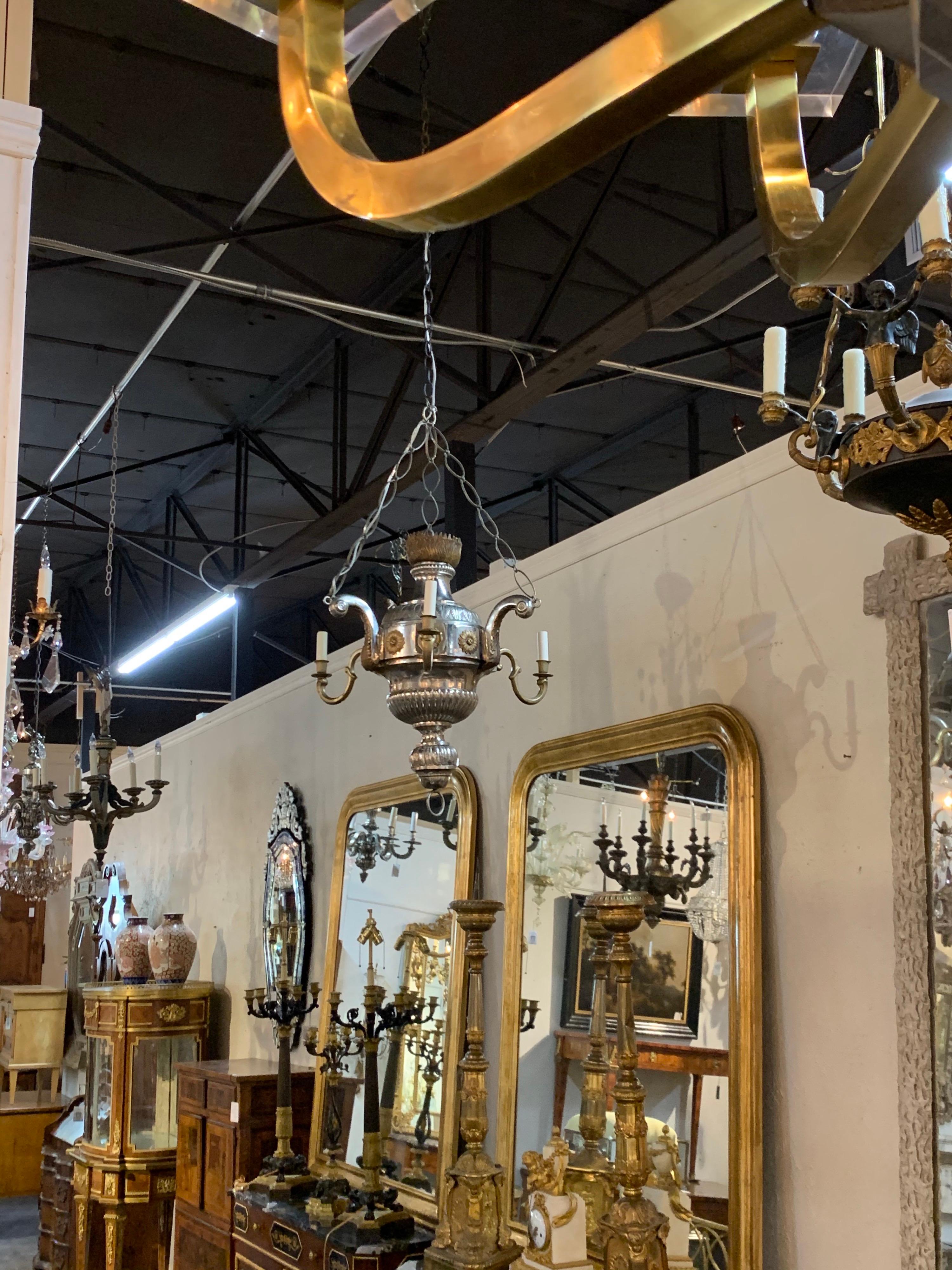 19th Century Continental Style Silver and Bronze 3-Arm Chandelier 1