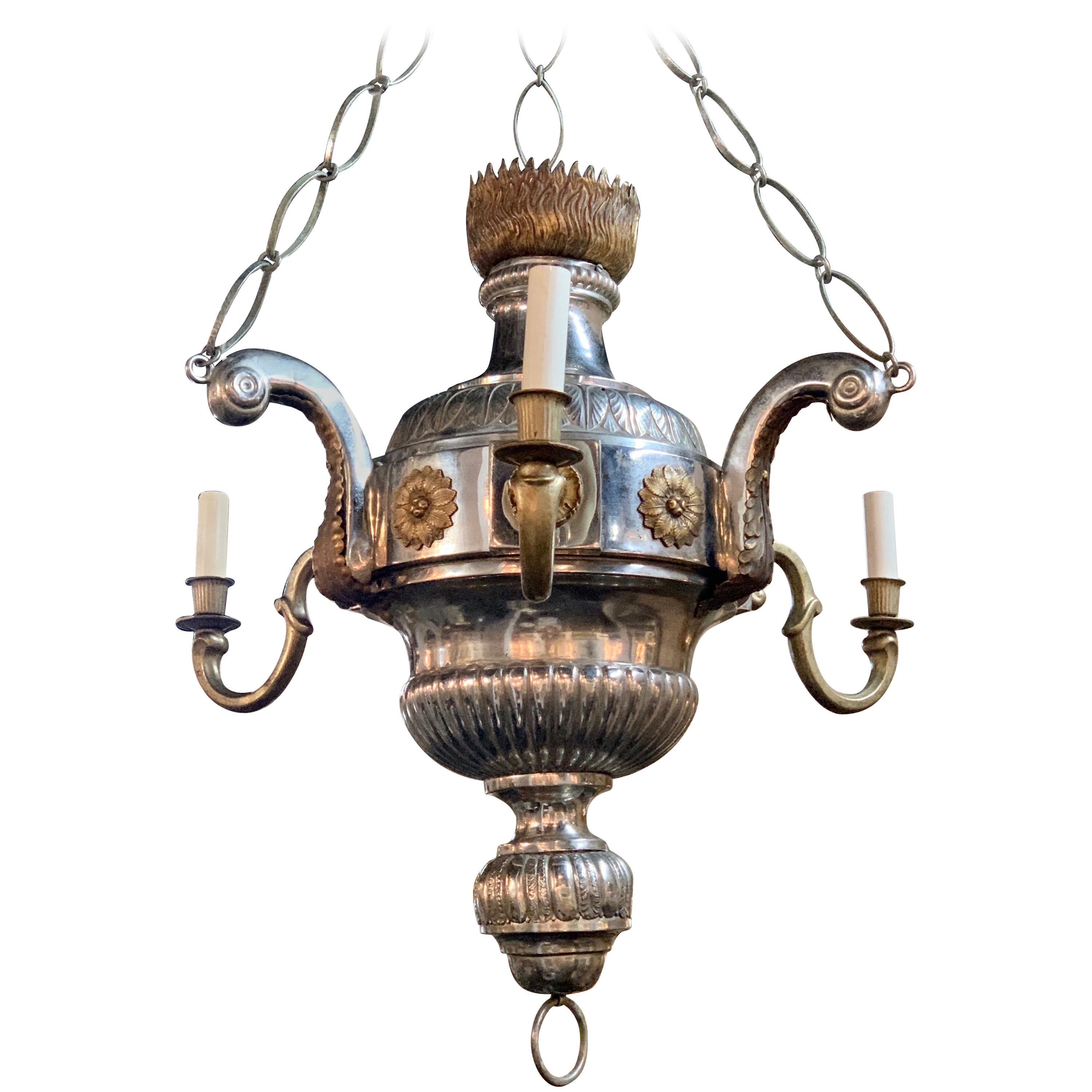 19th Century Continental Style Silver and Bronze 3-Arm Chandelier