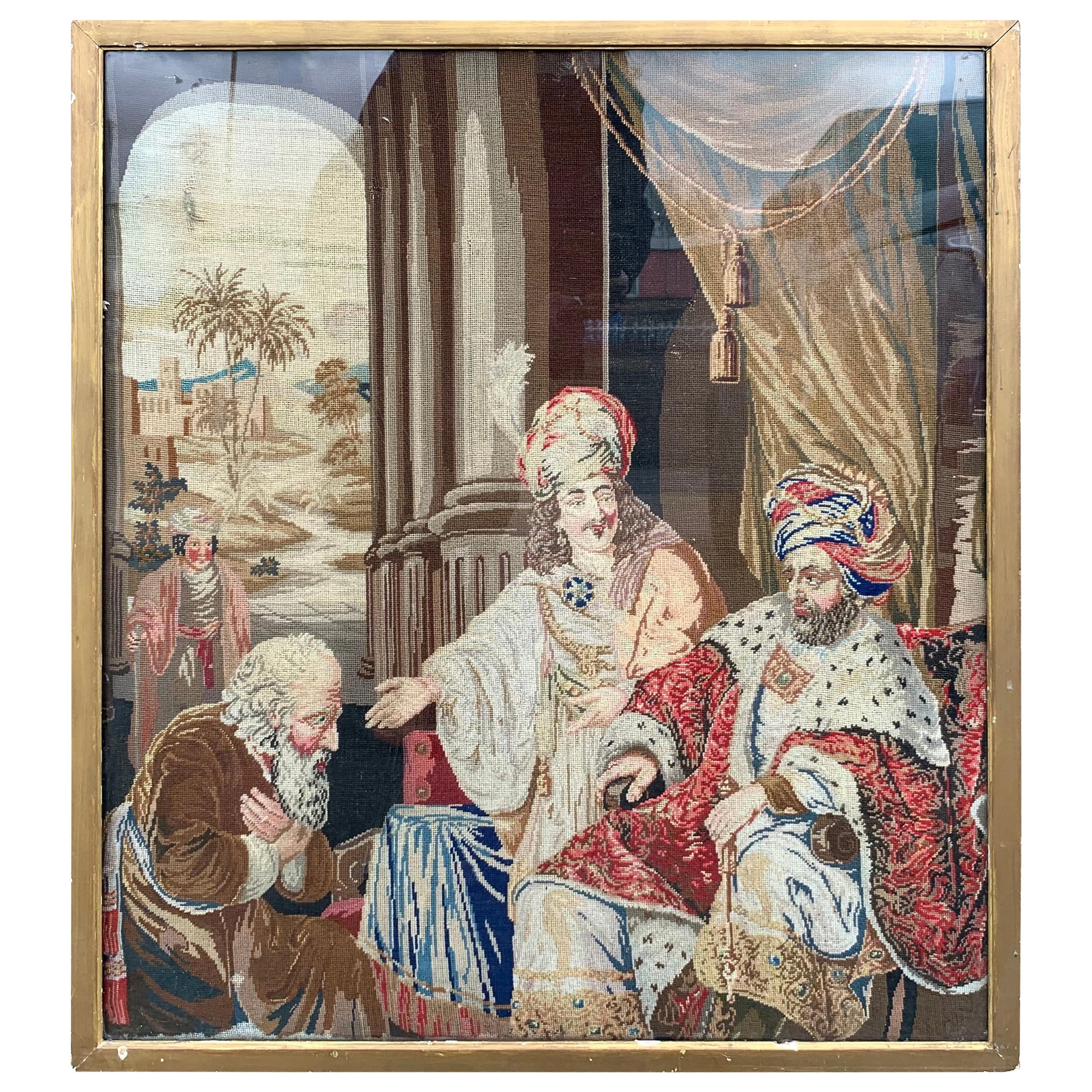 19th Century Continental Tapestry Needlepoint Picture Of A Biblical Scene For Sale