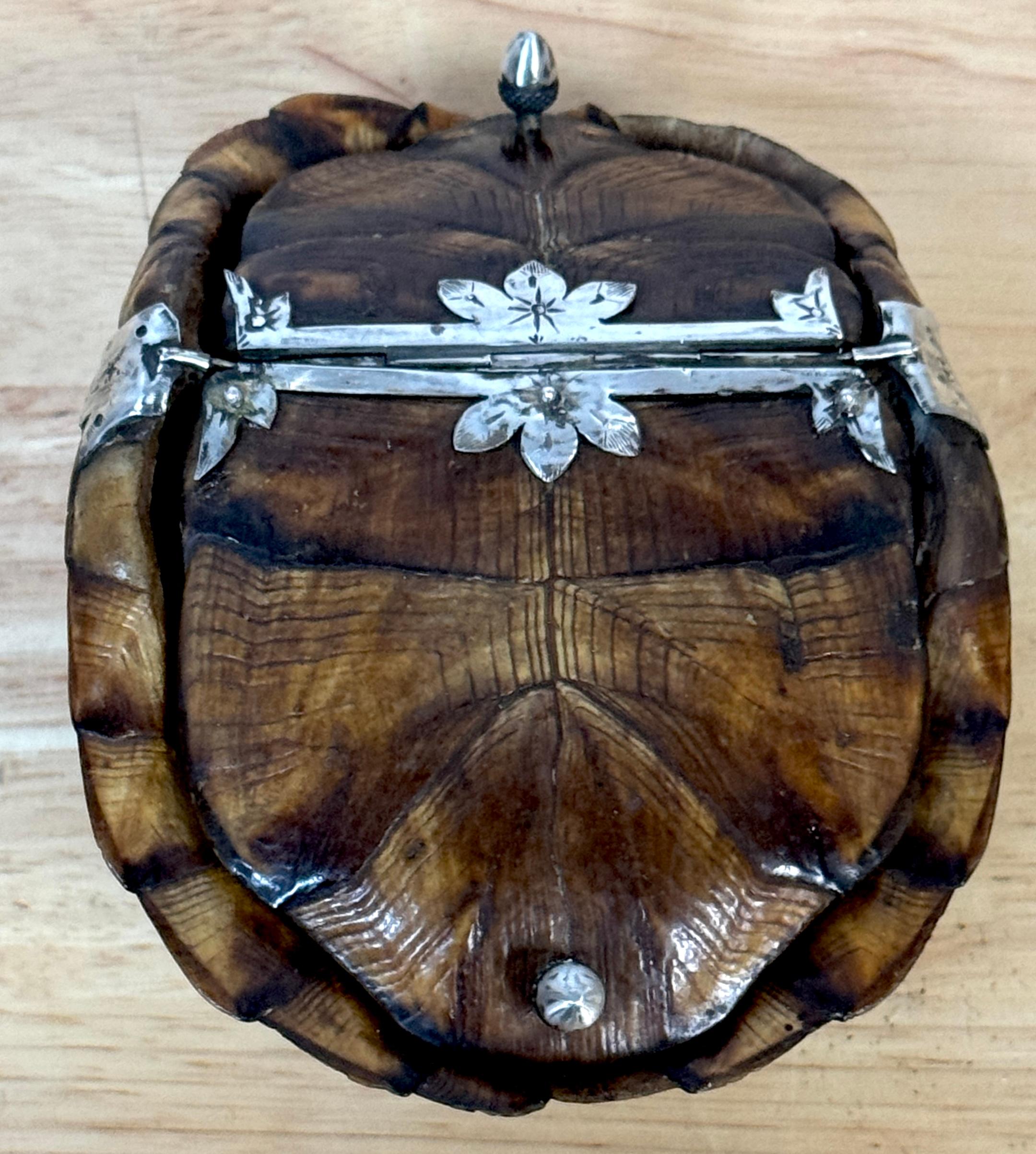 Polished 19th Century Continental Tortoise Shell Silver Mounted 2 Compartmented Box For Sale